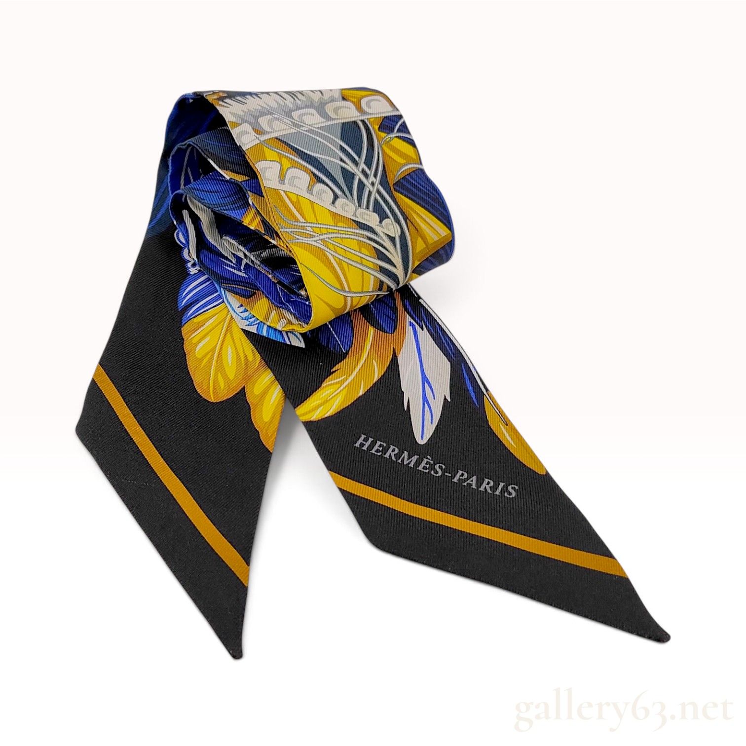 Hermes Danse Pacifique Black and Blue Silk Twilly Scarf 86 cm with Box