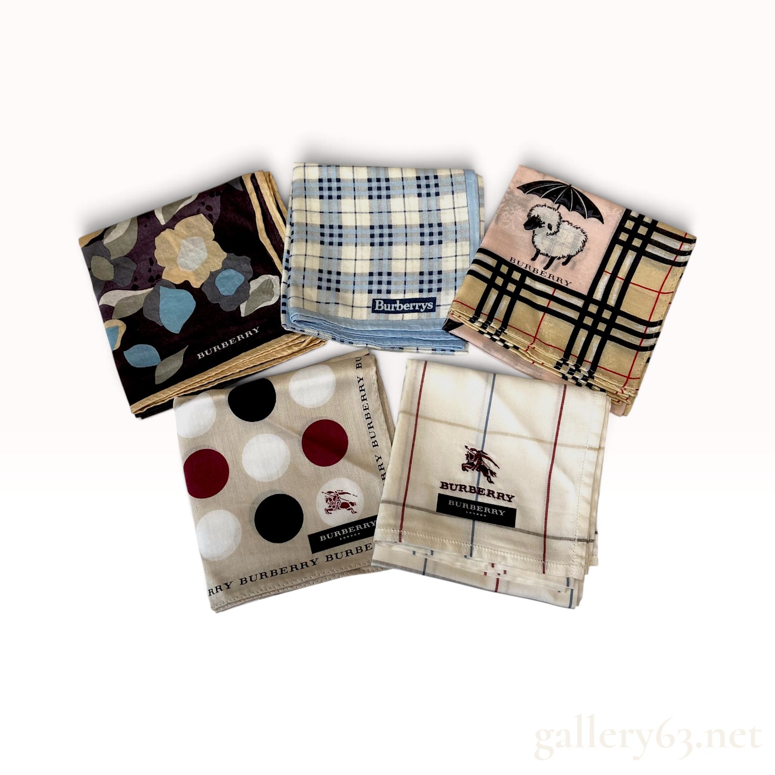 Five Burberry Assorted Pattern Cotton Scarves 50cm