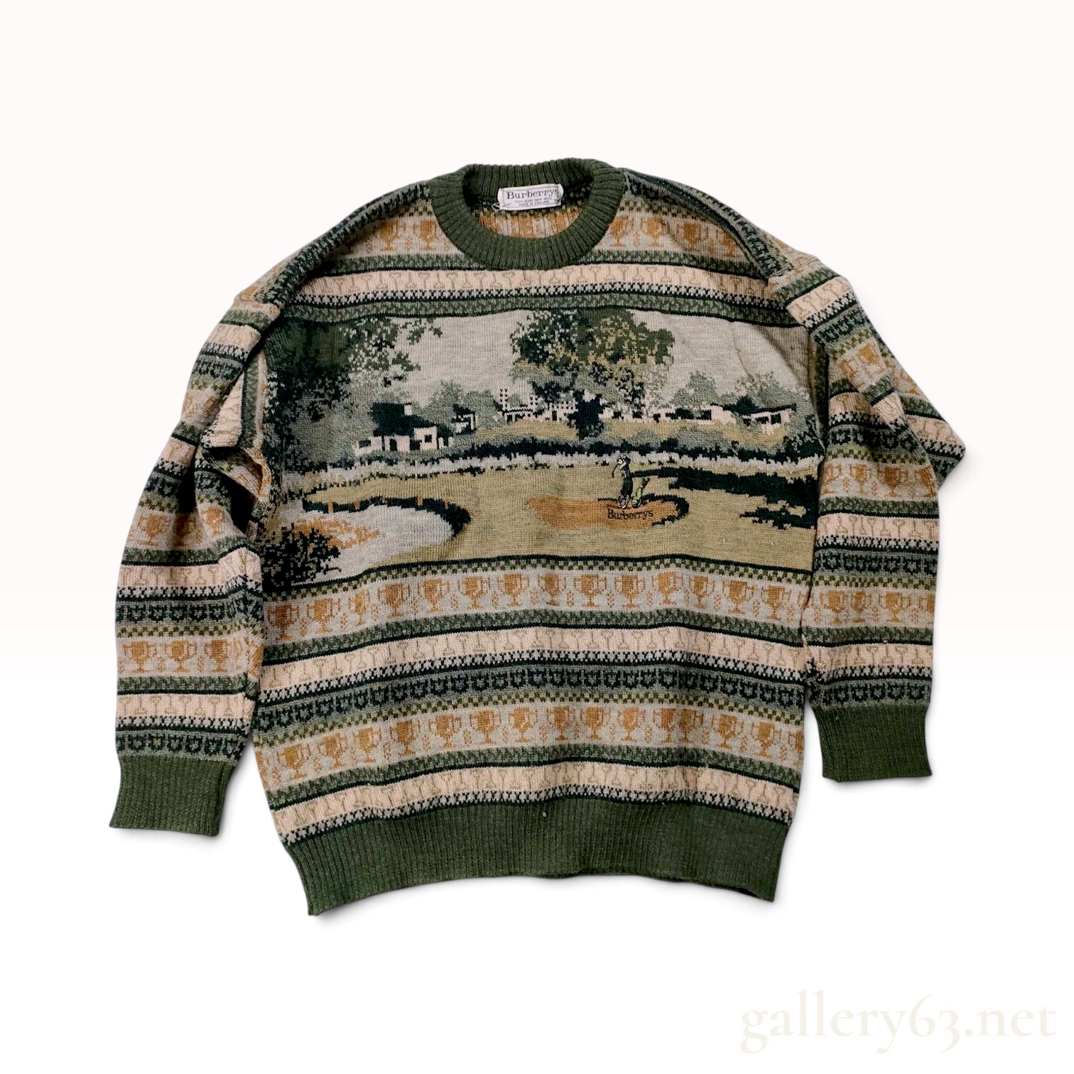 Vintage Burberrys Golf Course Motif Olive Green Wool Crewneck Sweater Size 40