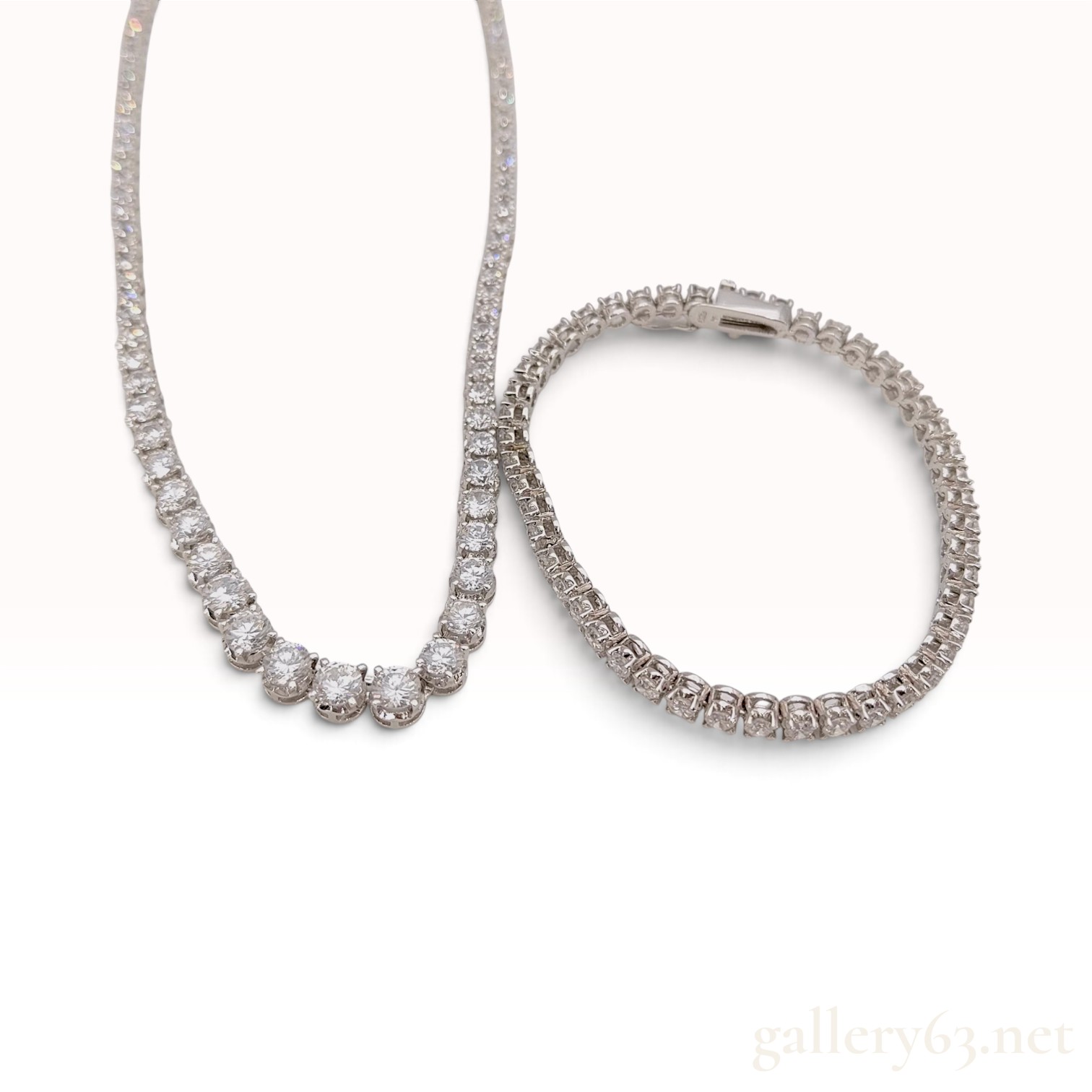 Sterling Silver Round Brilliant Cut Stone Graduated Tennis Necklace and Bracelet Suite