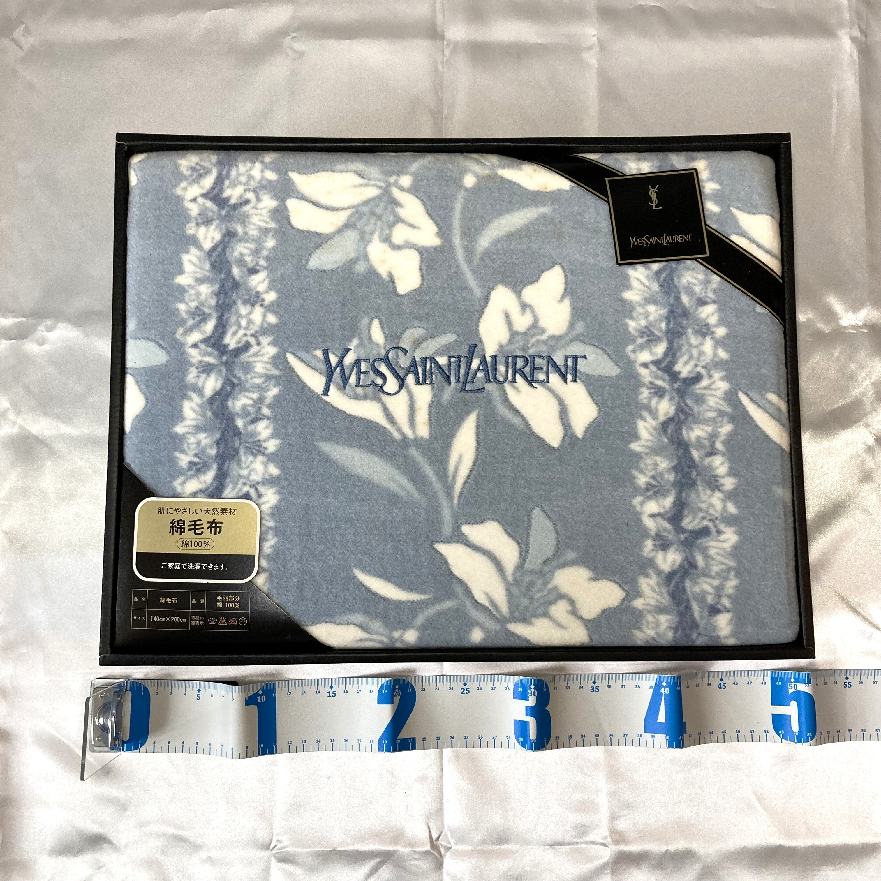 Yves Saint Laurent Floral Vine Light Blue Cotton Blanket 140 x 200 cm with Box