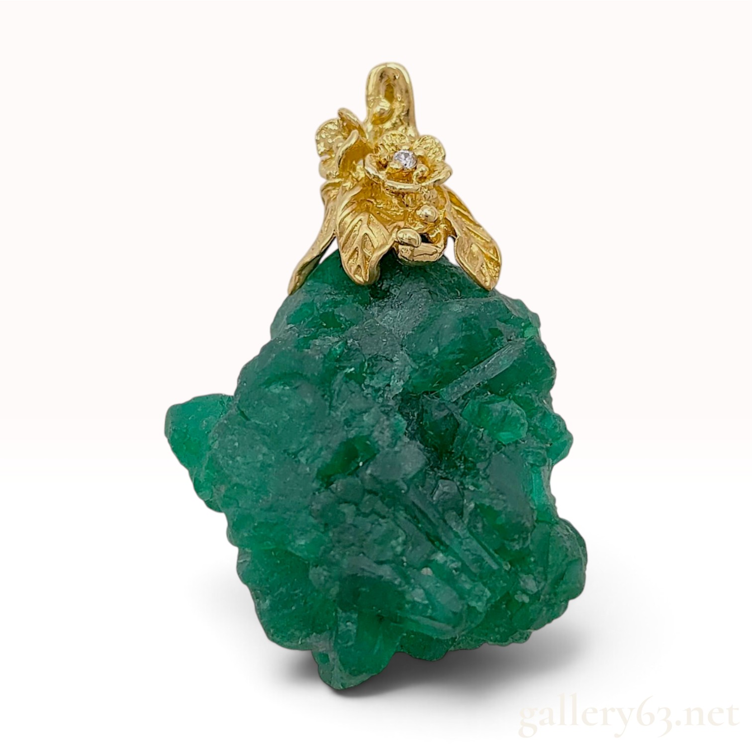 18KYG 46.30ct Natural Emerald and Diamond Floral Pendant w/ Certificate