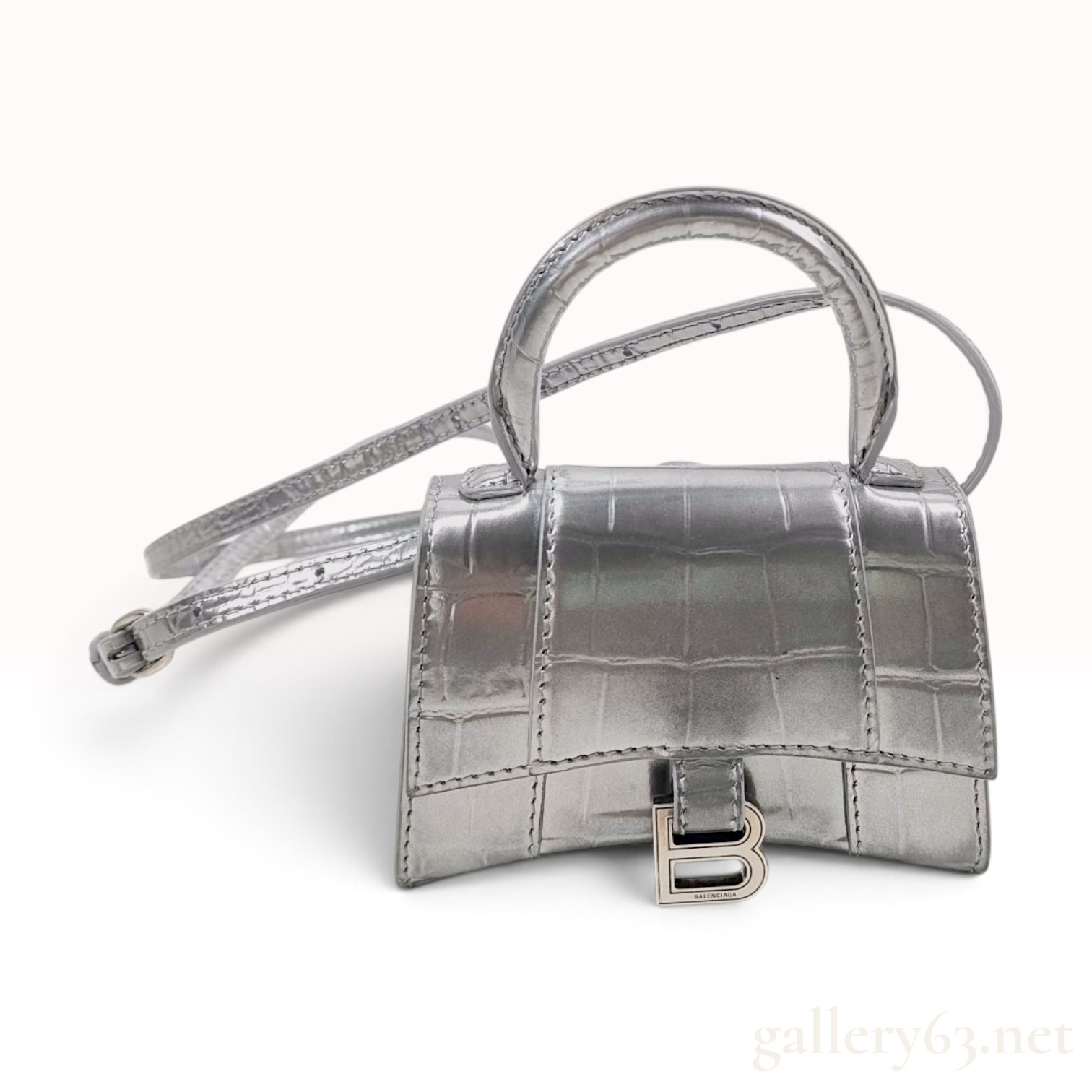 Balenciaga Hourglass XS Silver Metallic Croc-Embossed Calfskin Top Handle Bag