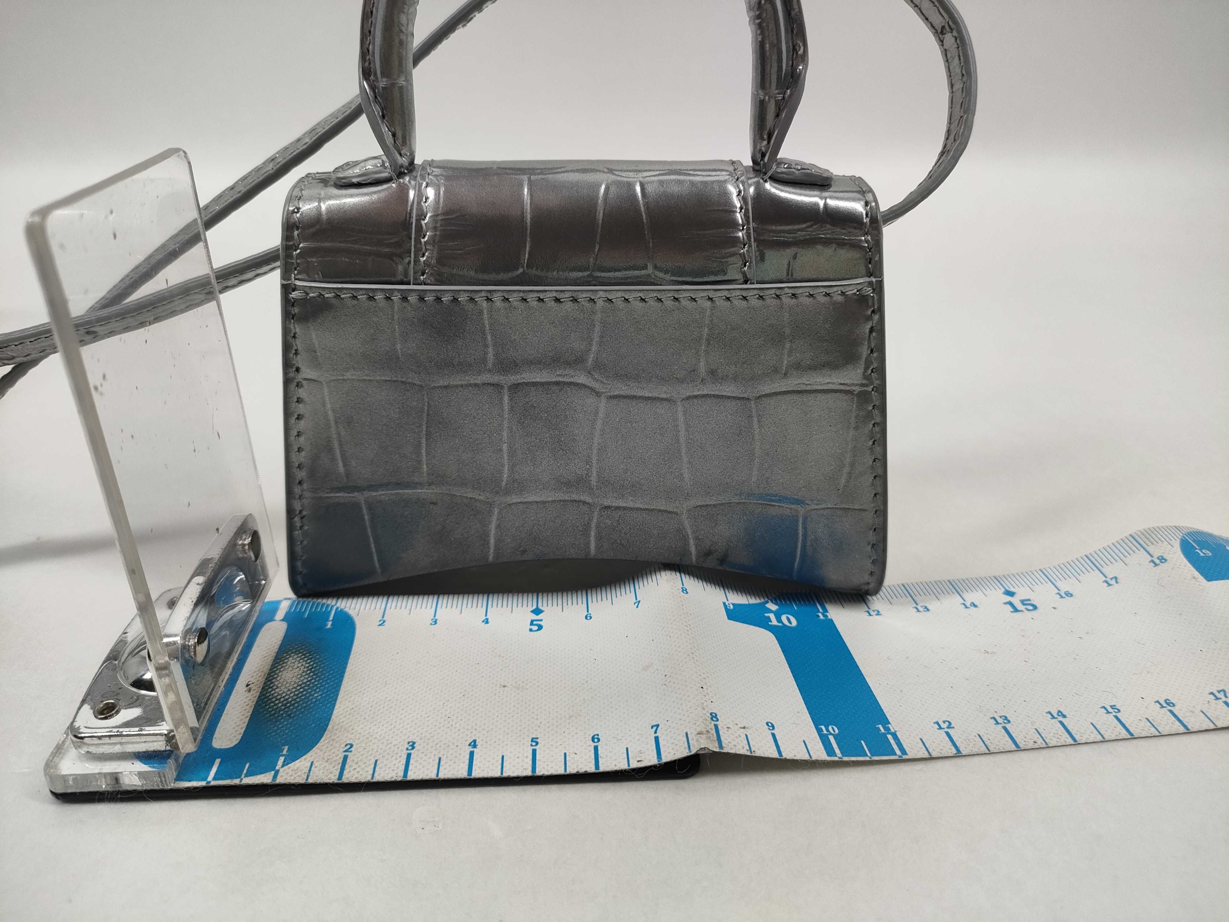 Balenciaga Hourglass XS Silver Metallic Croc-Embossed Calfskin Top Handle Bag
