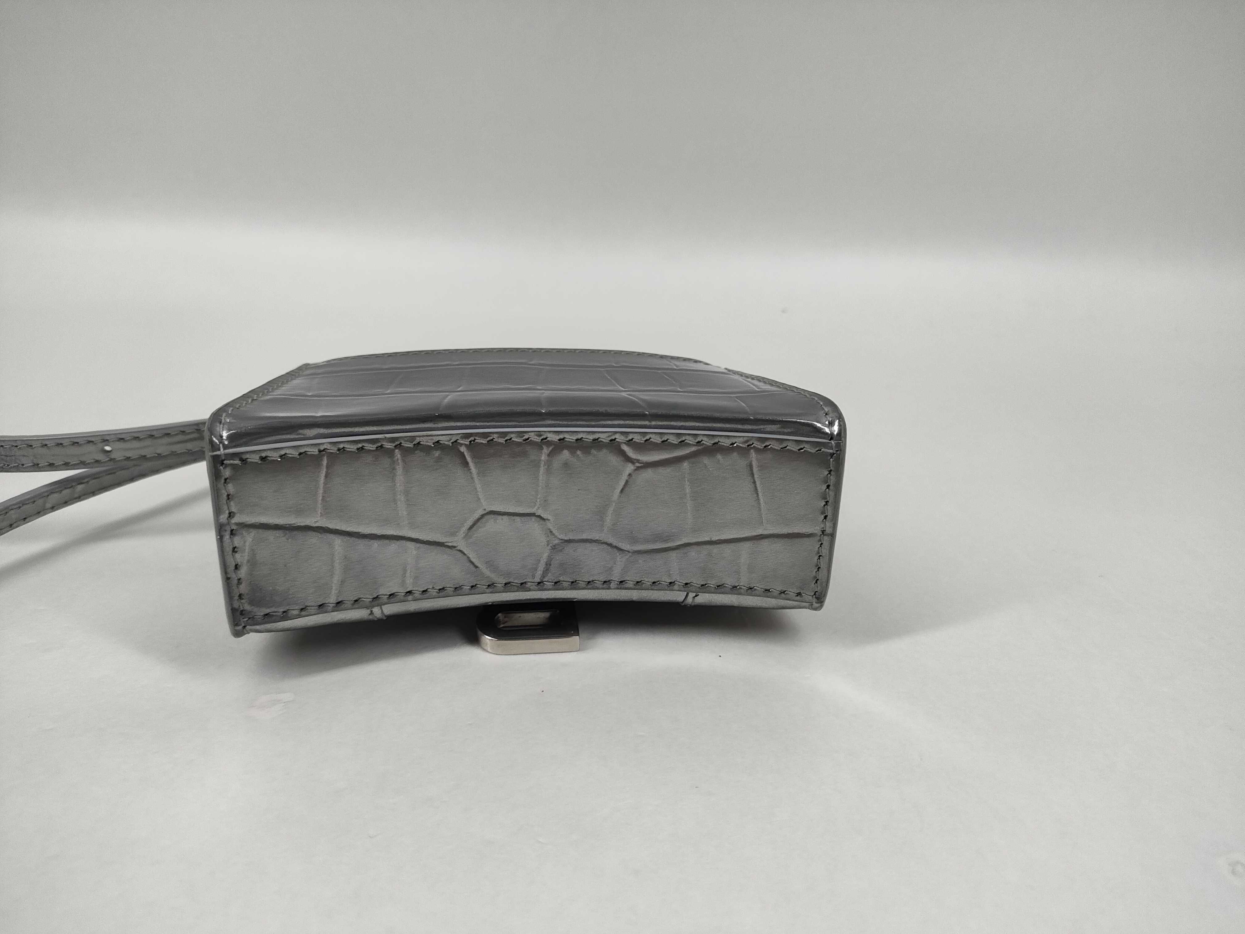 Balenciaga Hourglass XS Silver Metallic Croc-Embossed Calfskin Top Handle Bag