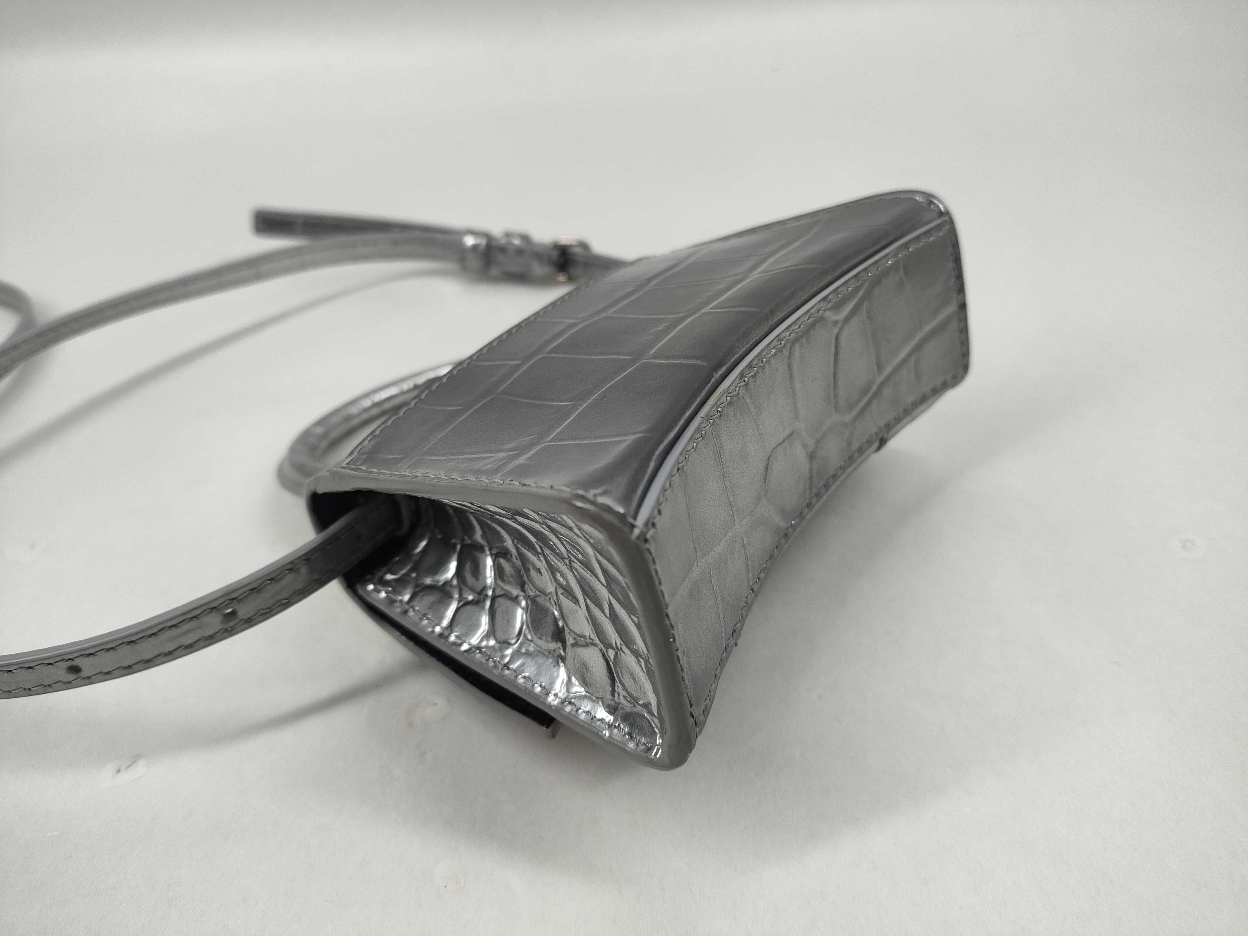 Balenciaga Hourglass XS Silver Metallic Croc-Embossed Calfskin Top Handle Bag