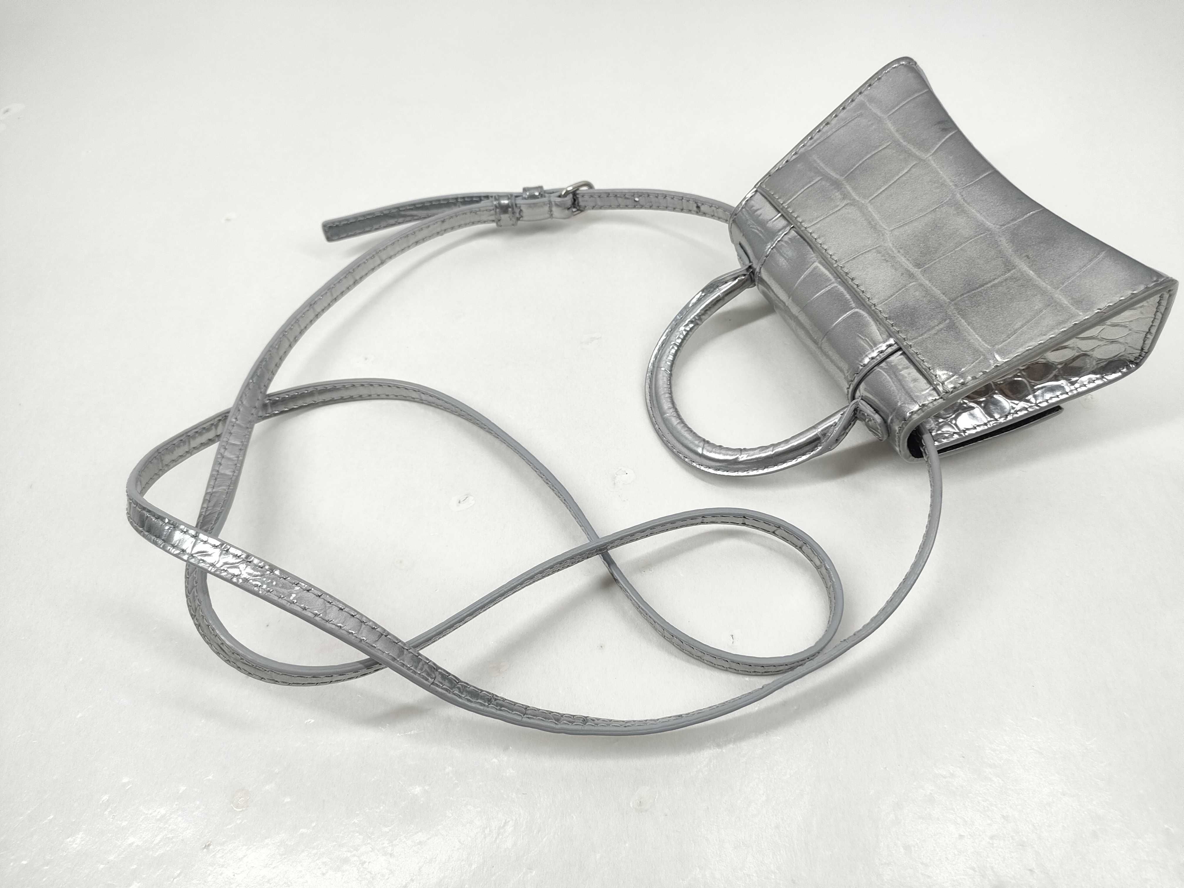 Balenciaga Hourglass XS Silver Metallic Croc-Embossed Calfskin Top Handle Bag
