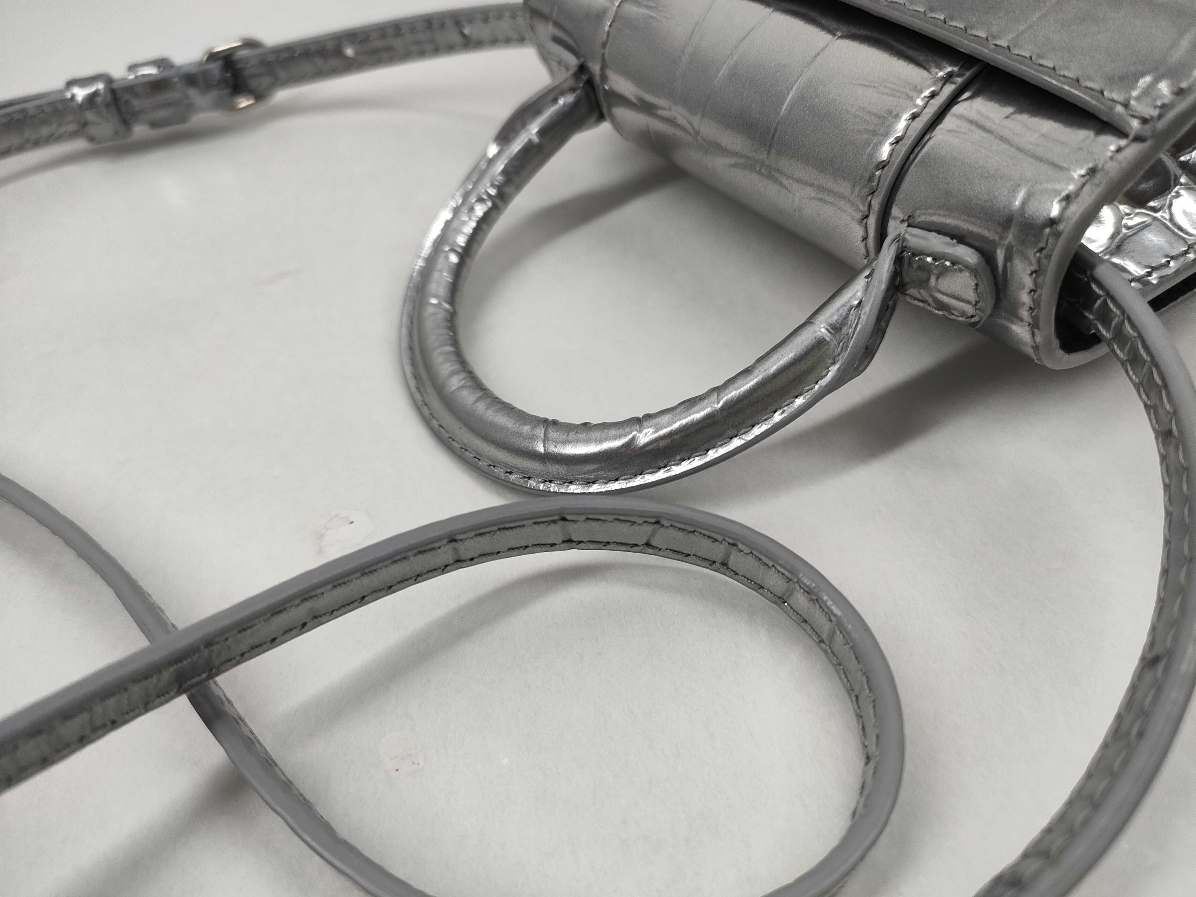 Balenciaga Hourglass XS Silver Metallic Croc-Embossed Calfskin Top Handle Bag