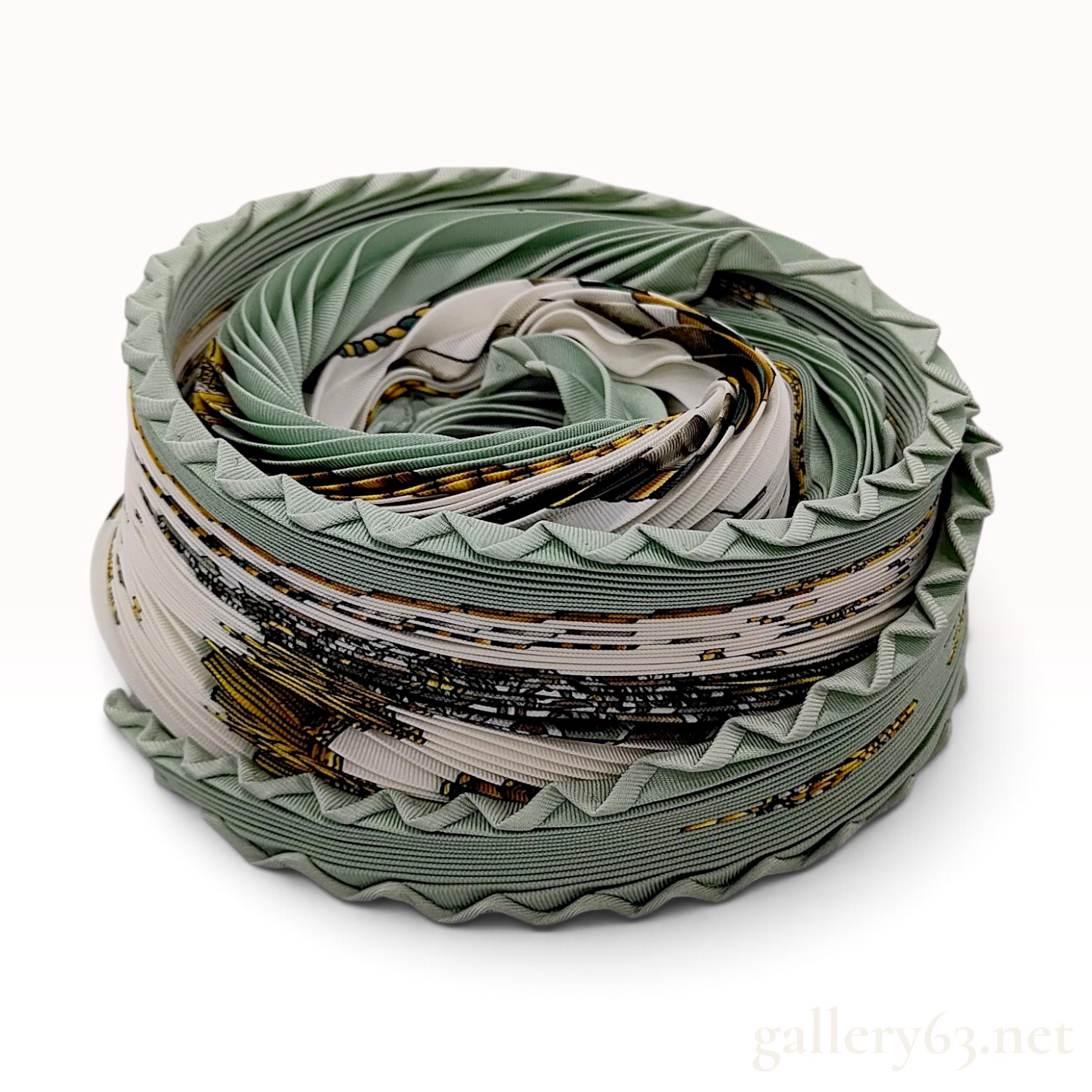 Hermes Les Tambours Sage Green Silk Plisse Scarf with Box