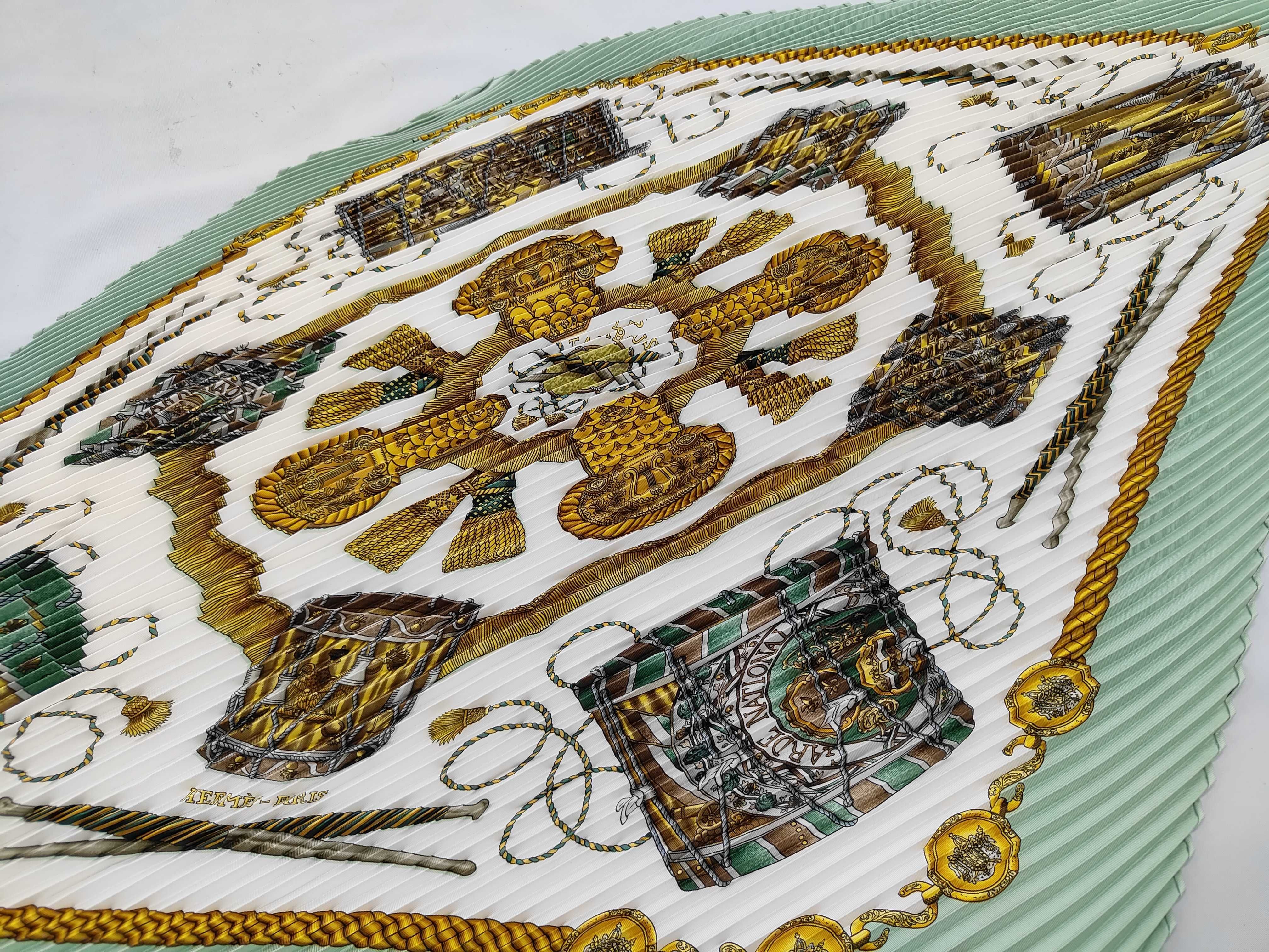 Hermes Les Tambours Sage Green Silk Plisse Scarf with Box