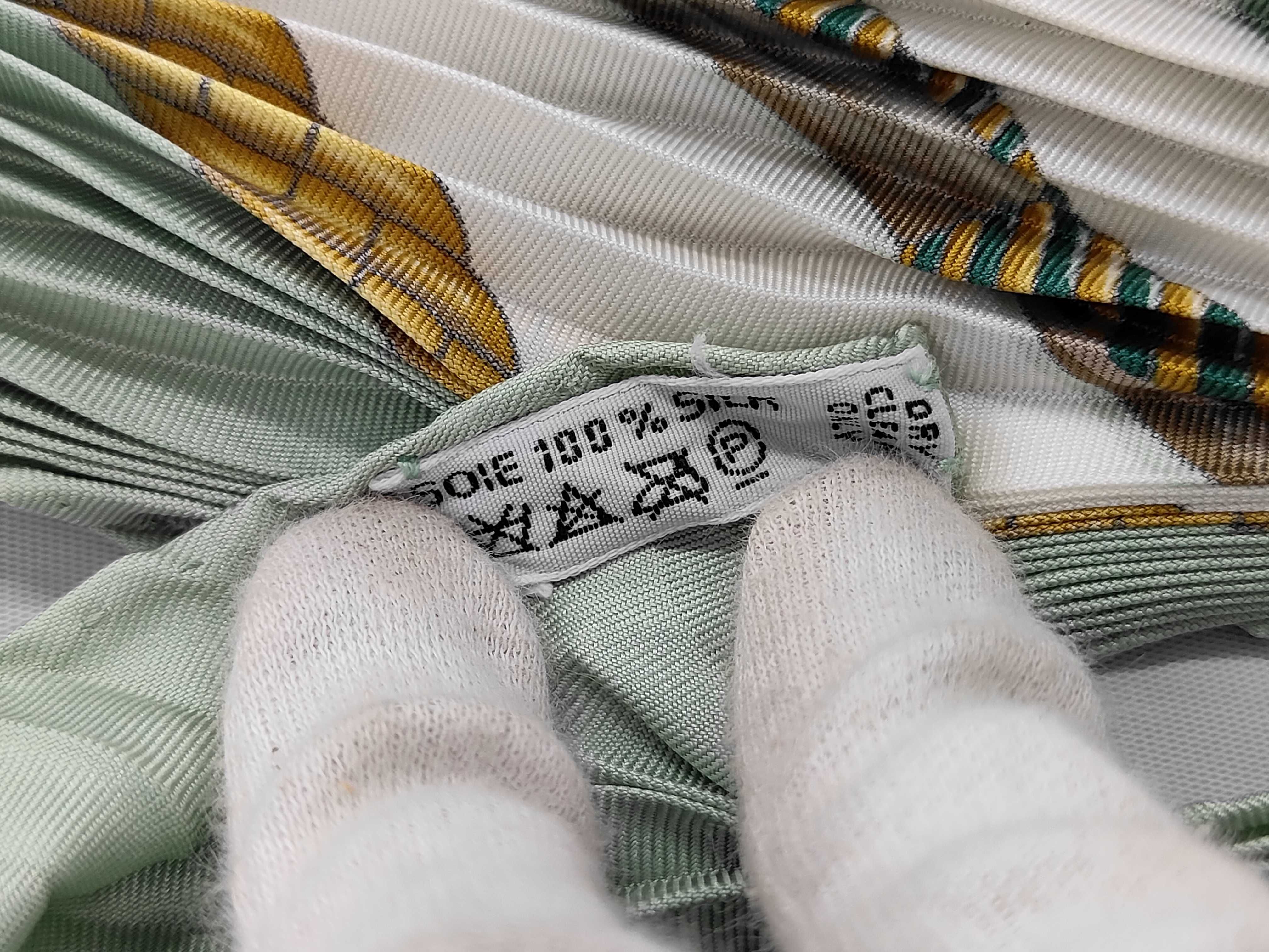 Hermes Les Tambours Sage Green Silk Plisse Scarf with Box