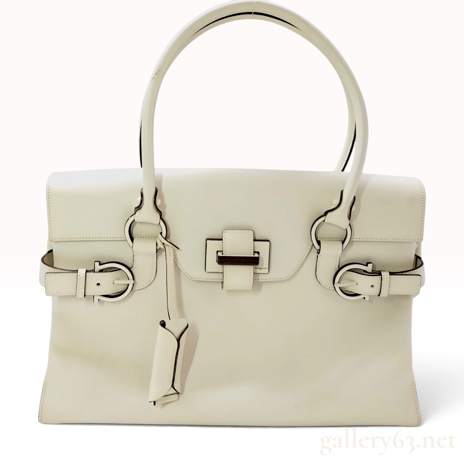 Salvatore Ferragamo Gancini Cream Leather Satchel with Wood Hardware