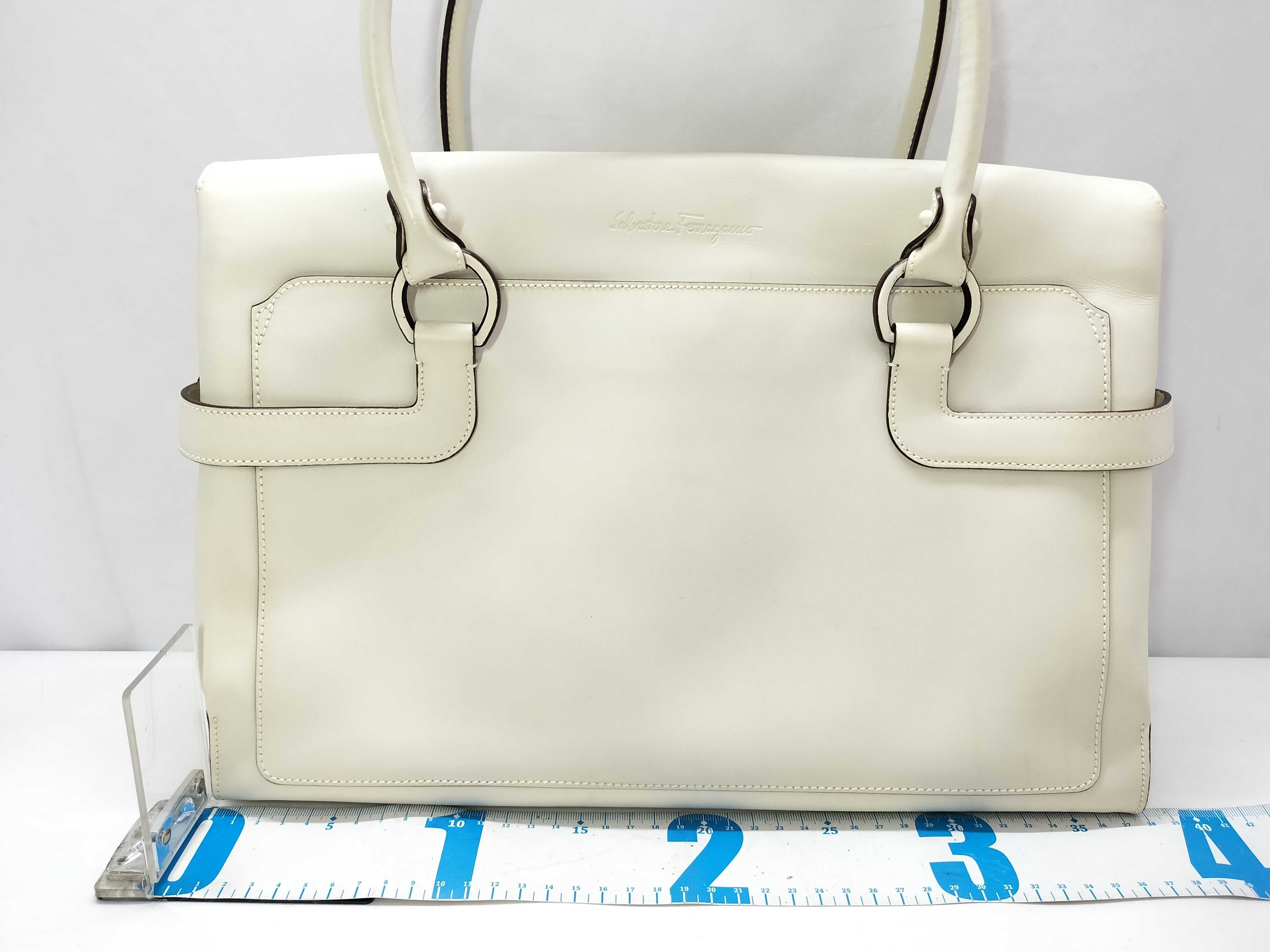 Salvatore Ferragamo Gancini Cream Leather Satchel with Wood Hardware
