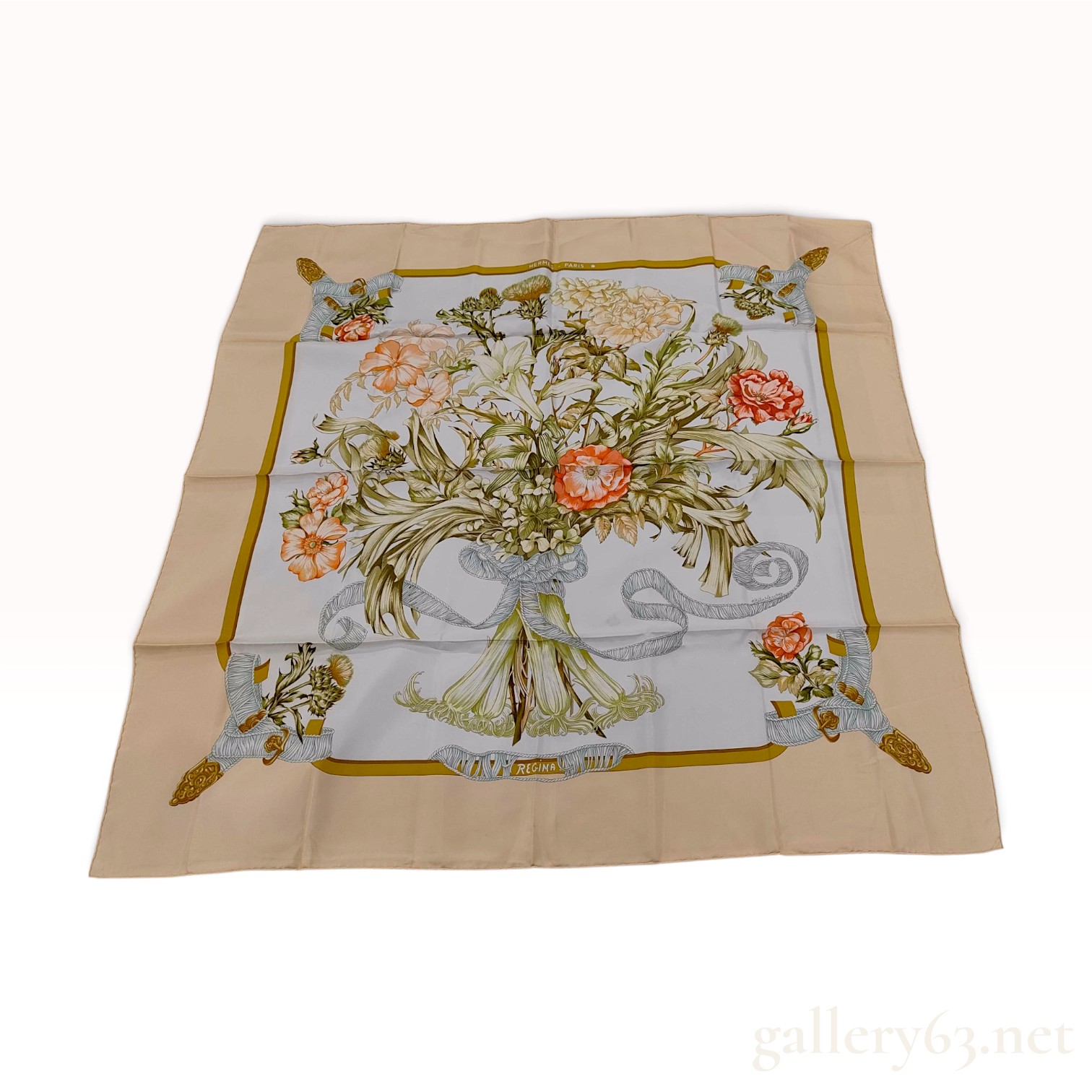 Vintage Hermes Regina Silk Carre 107 in Beige and Cream