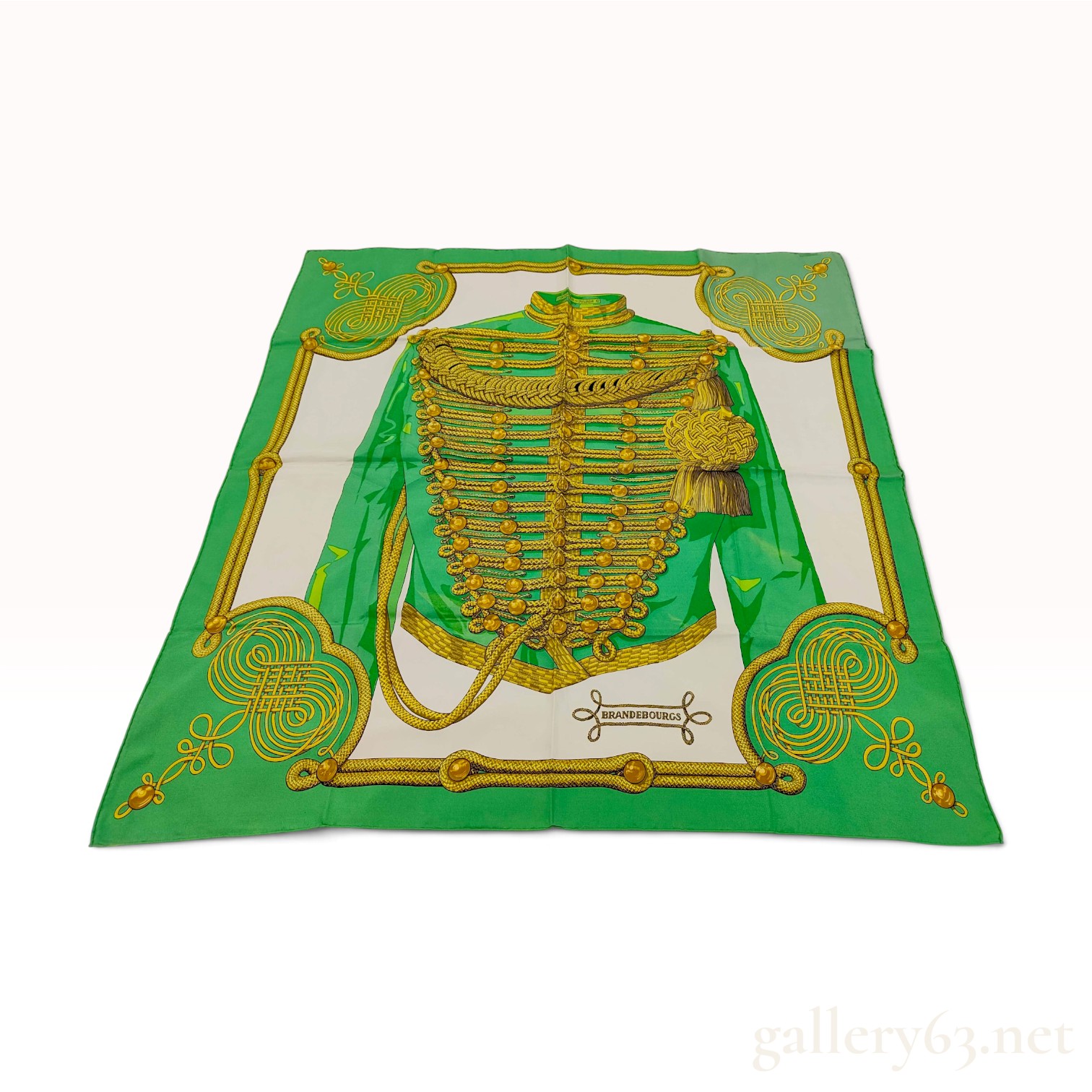 Vintage Hermes Brandebourgs Green Silk Carre 90