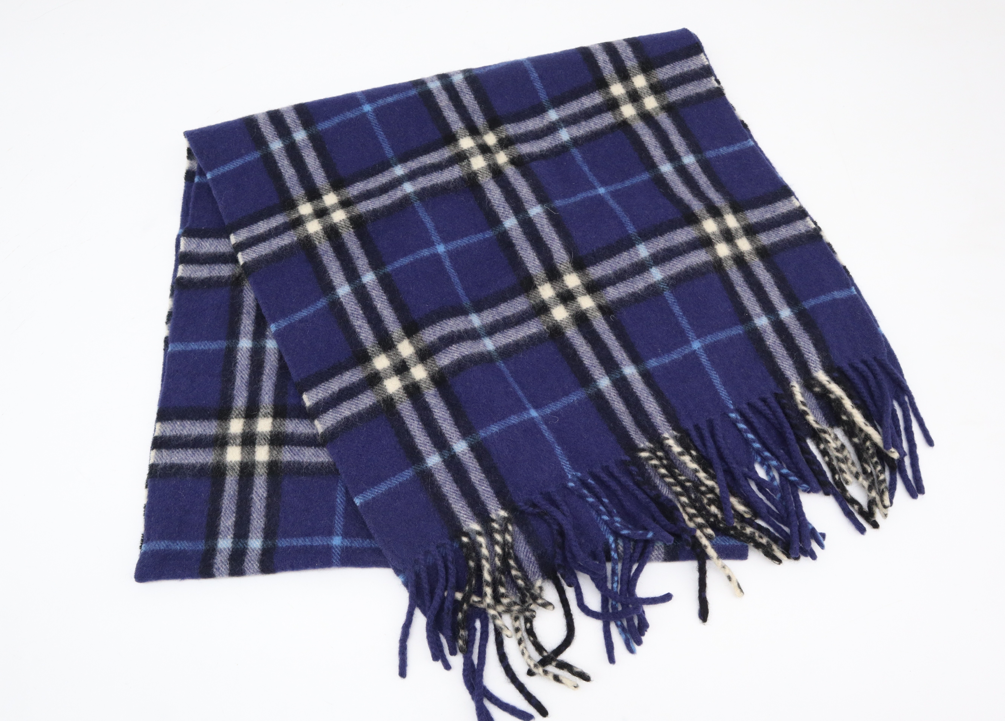 Vintage Burberrys Check Navy Blue and Purple Pure Cashmere Scarf