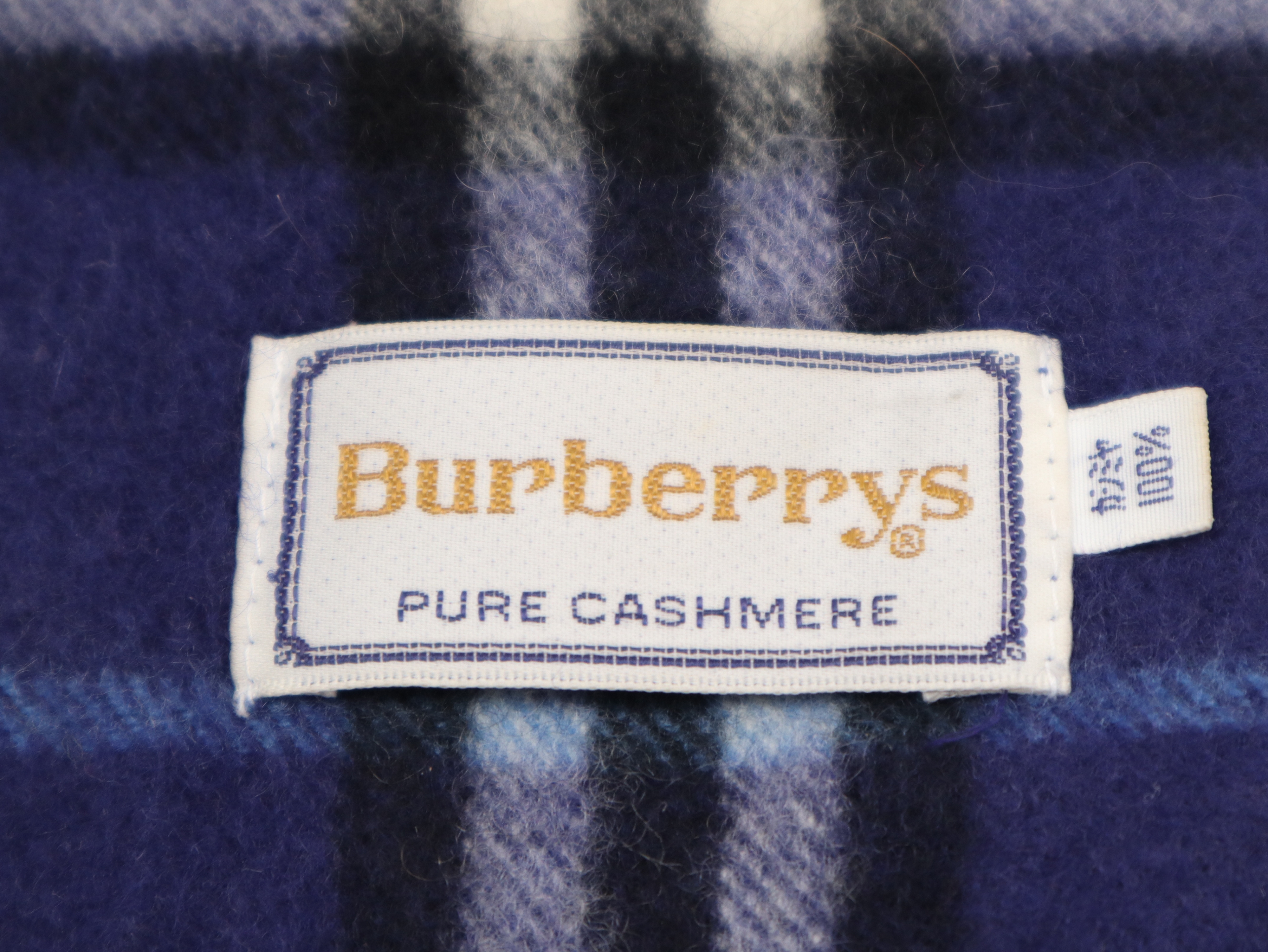 Vintage Burberrys Check Navy Blue and Purple Pure Cashmere Scarf