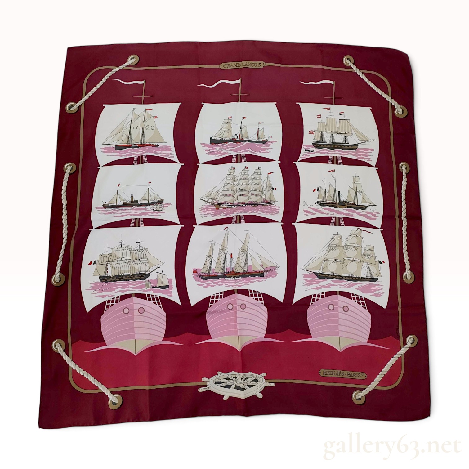 Vintage Hermes Grand Largue Burgundy Silk Carre 90