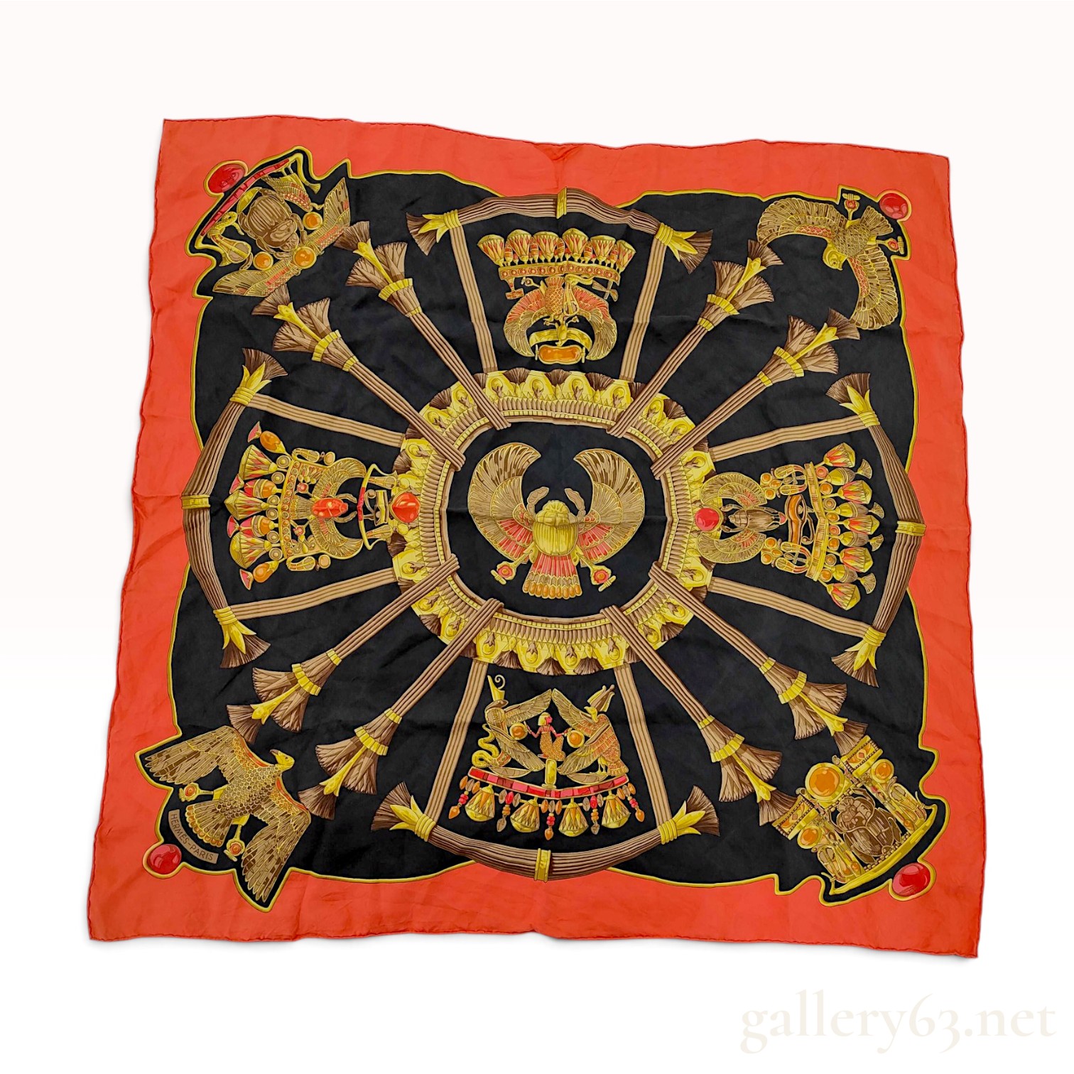 Vintage Hermes Egypte Black and Orange Silk Carre 90