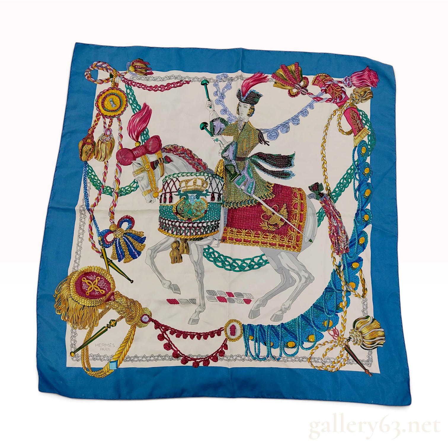 Vintage Hermes Blue Equestrian Motif Silk Carre 90