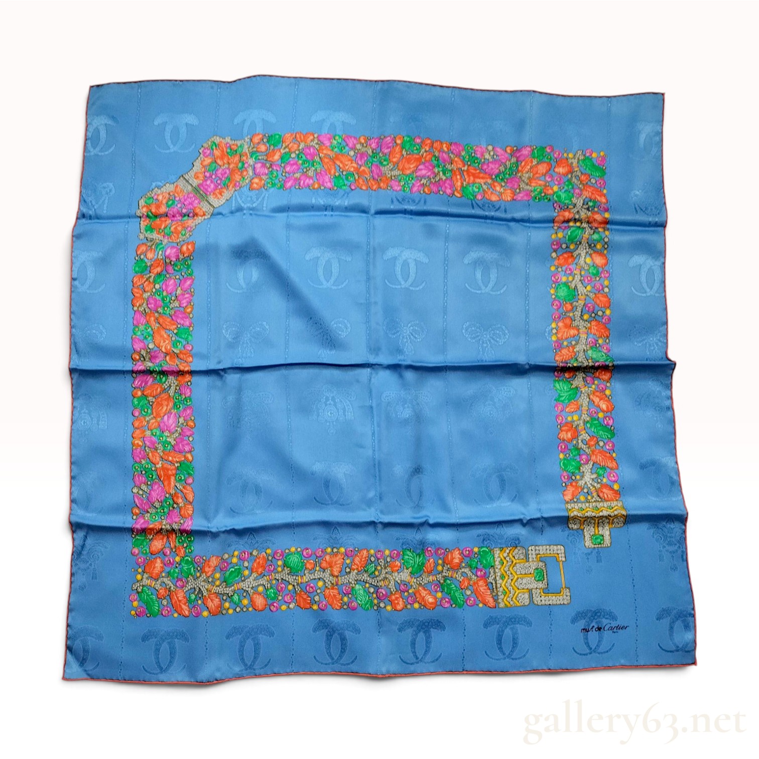 Vintage Must de Cartier Tutti Frutti Jeweled Blue Silk Carre 90 with Box