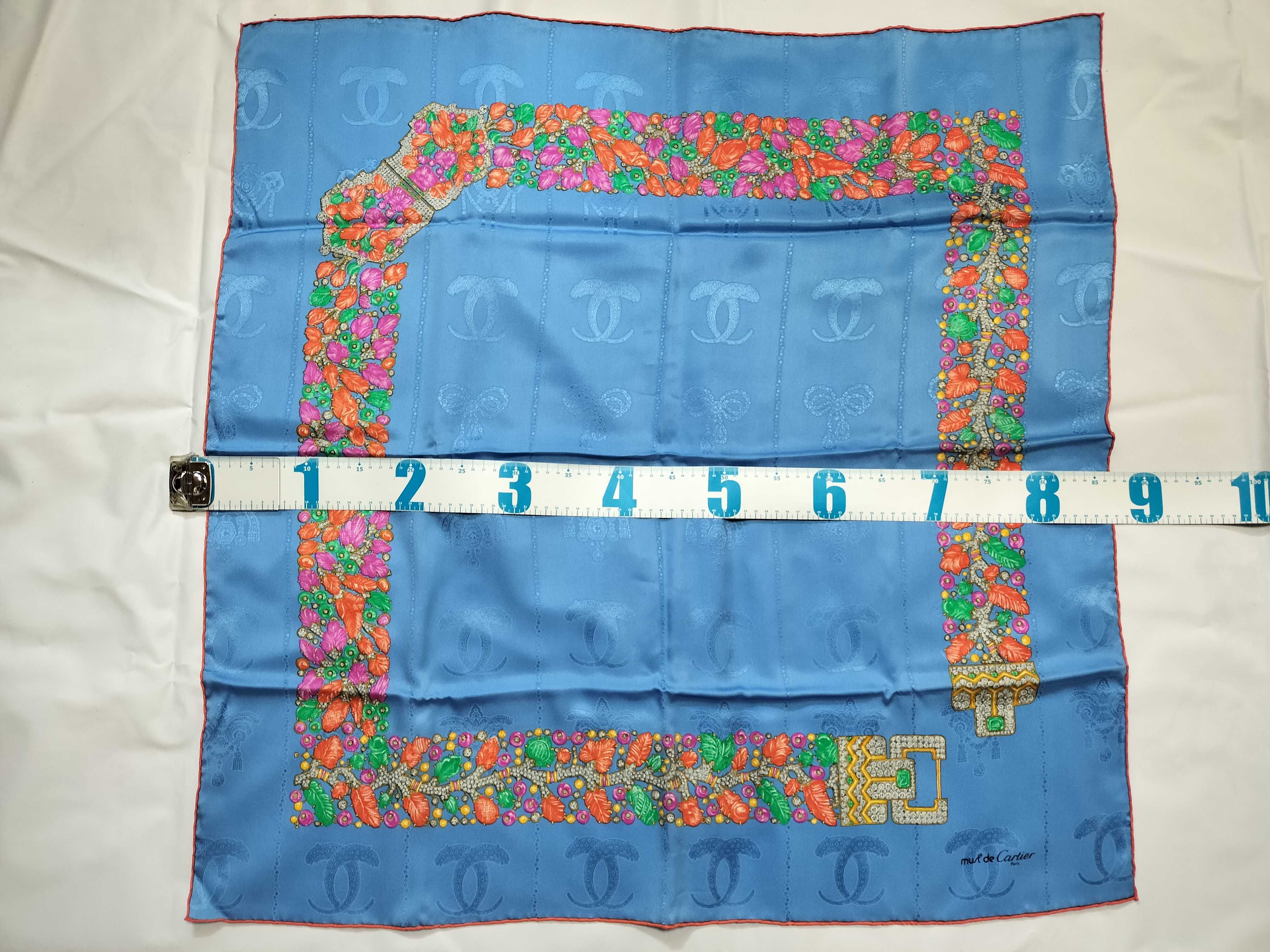 Vintage Must de Cartier Tutti Frutti Jeweled Blue Silk Carre 90 with Box