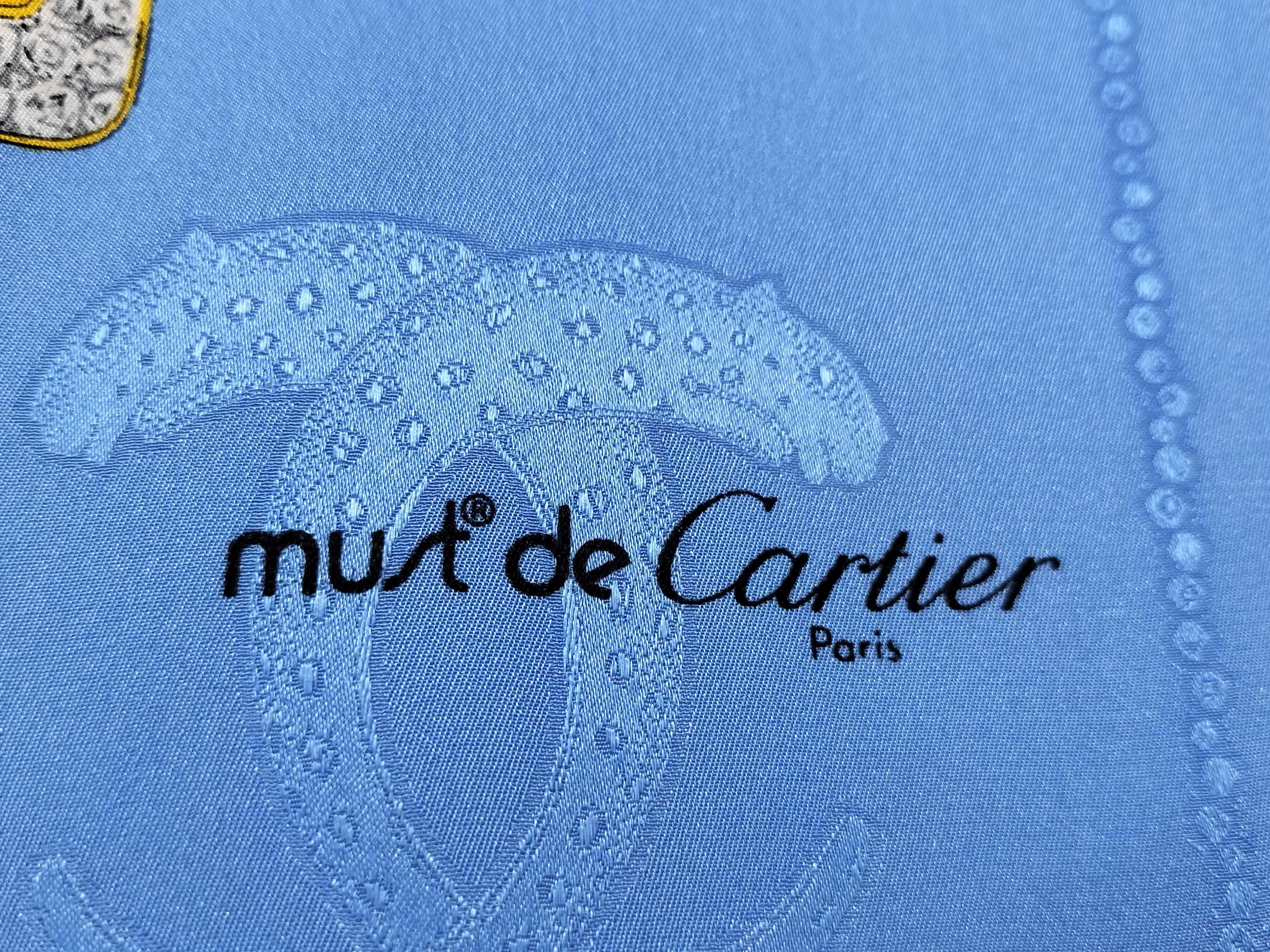 Vintage Must de Cartier Tutti Frutti Jeweled Blue Silk Carre 90 with Box