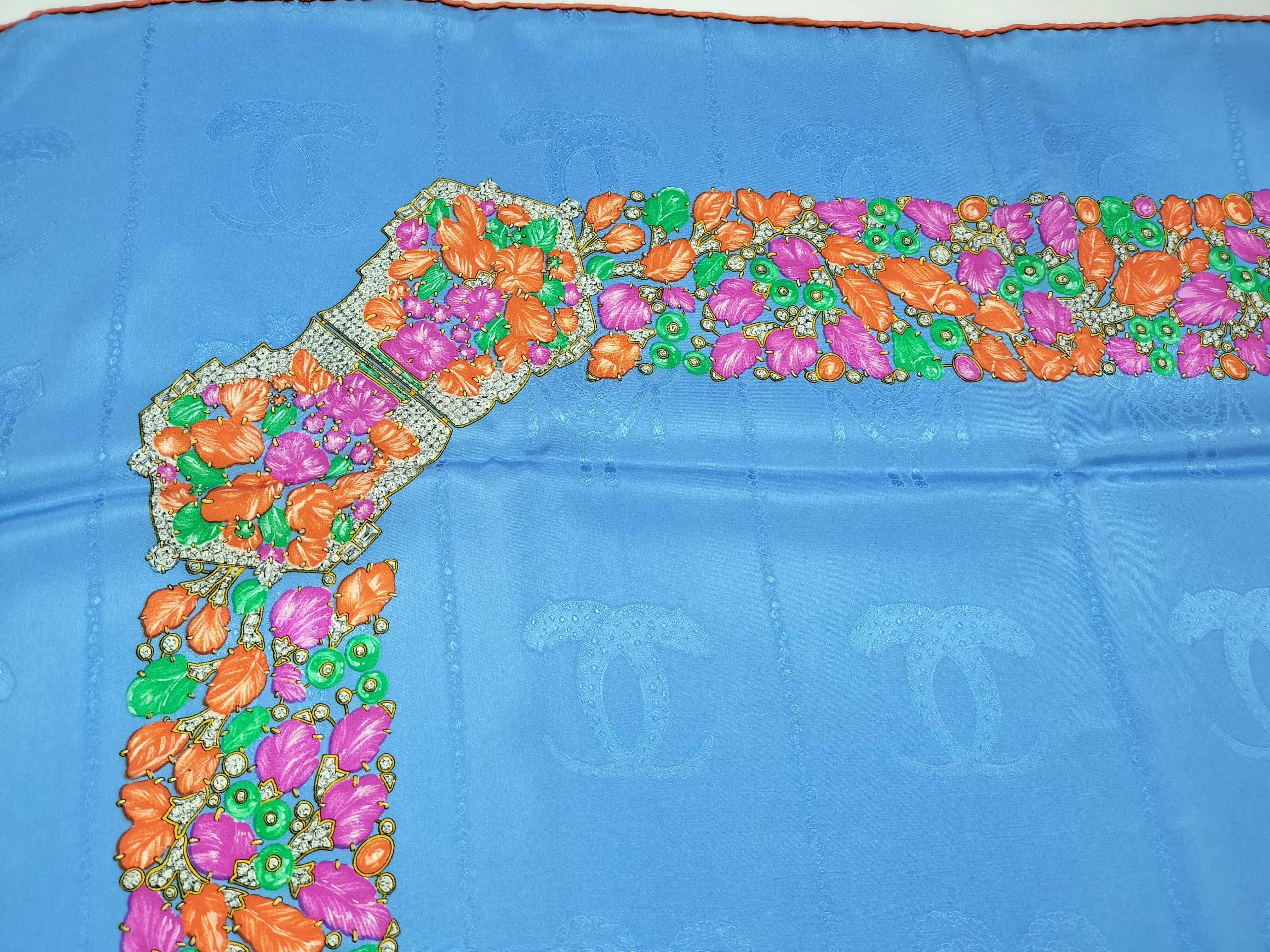 Vintage Must de Cartier Tutti Frutti Jeweled Blue Silk Carre 90 with Box