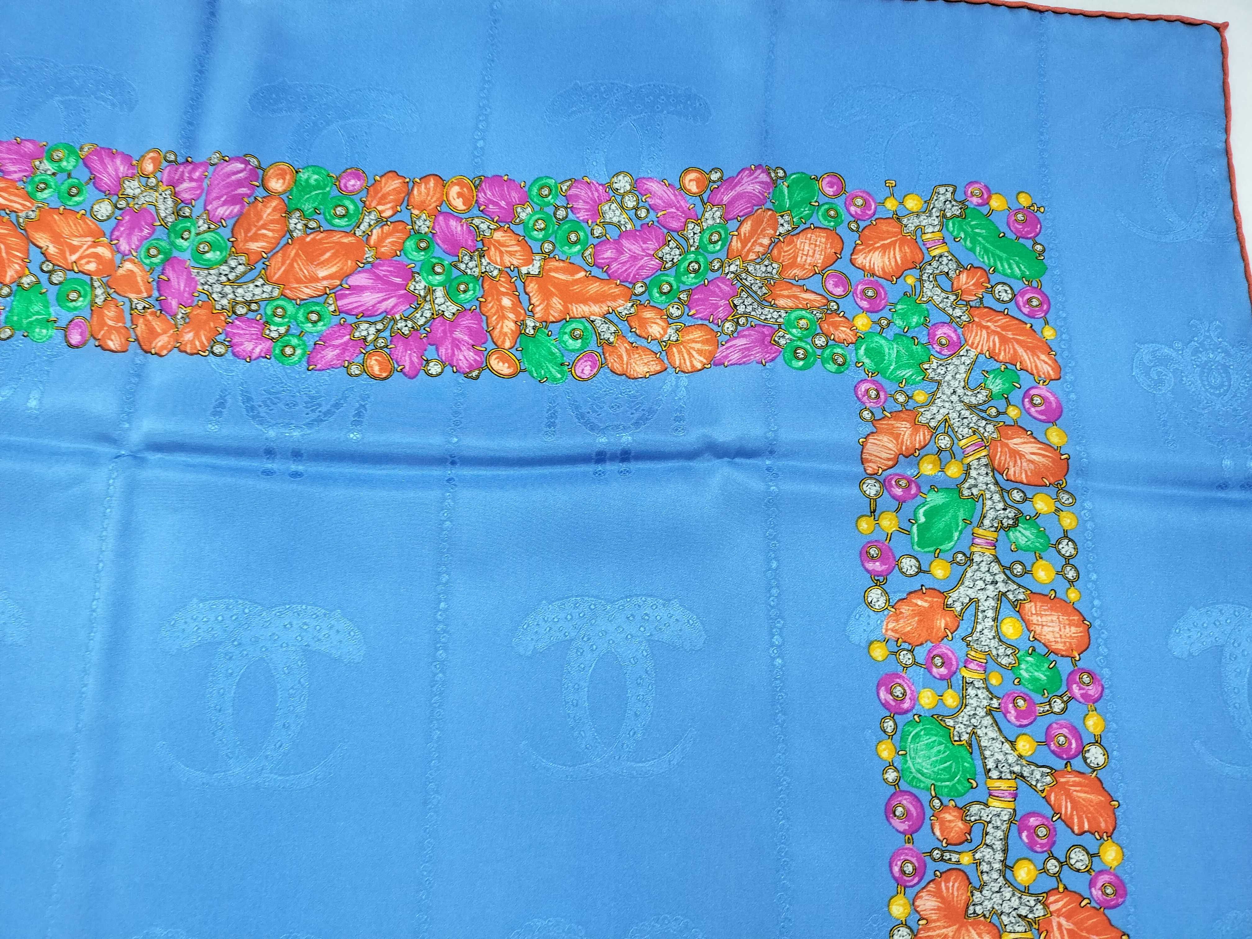 Vintage Must de Cartier Tutti Frutti Jeweled Blue Silk Carre 90 with Box