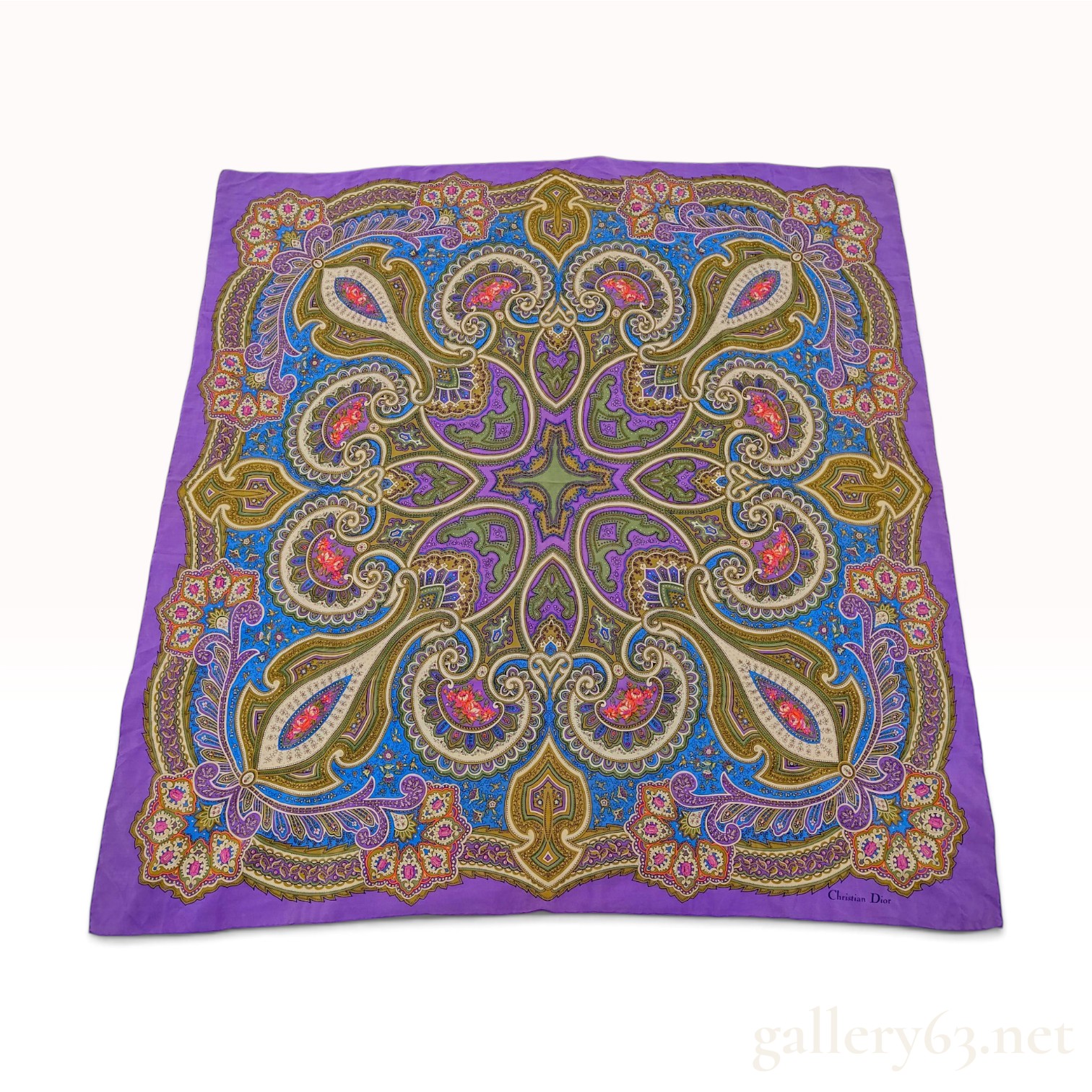 Vintage Christian Dior Paisley Medallion Purple Silk Scarf 90 cm