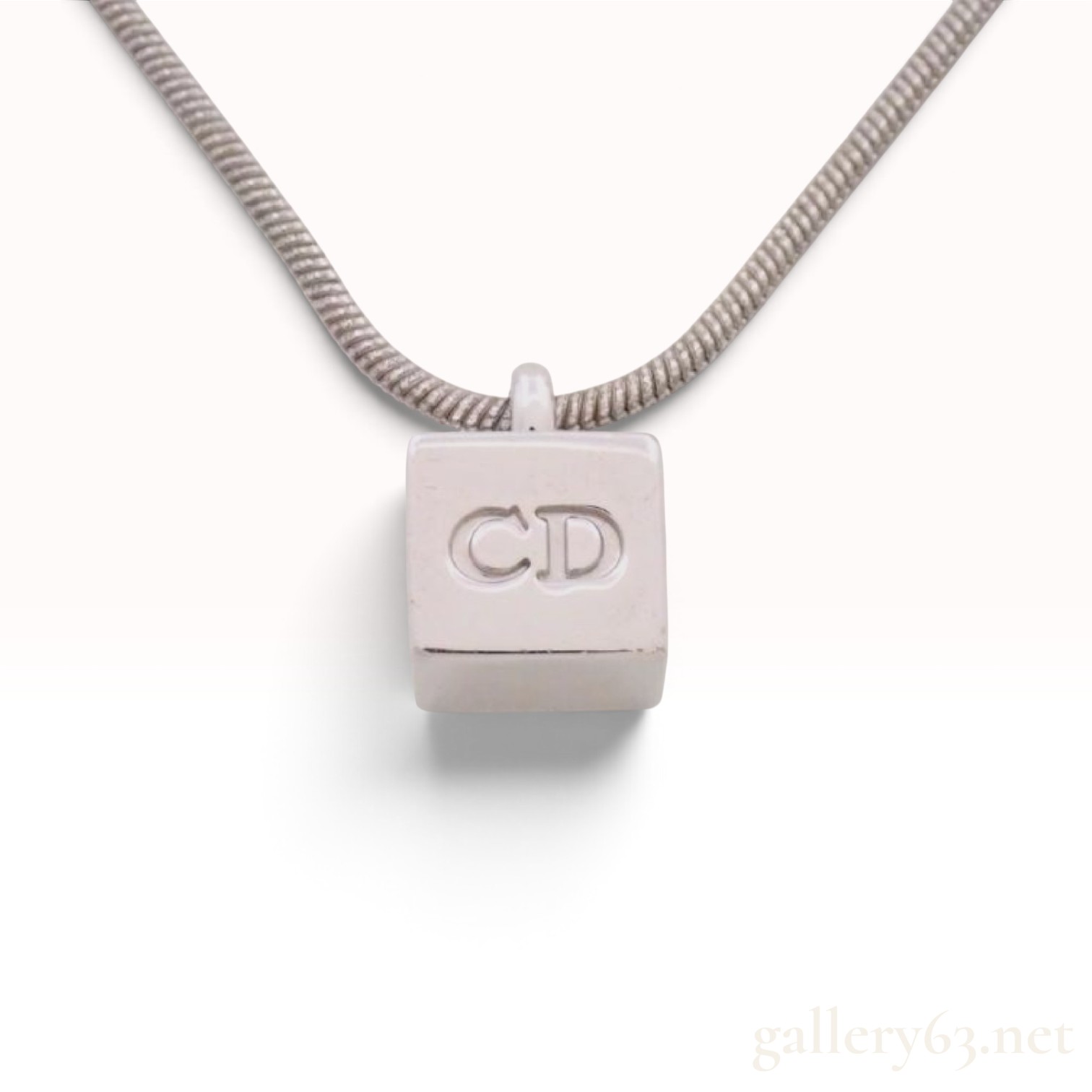 Vintage Polished Metal CD Monogram Cube Pendant Necklace