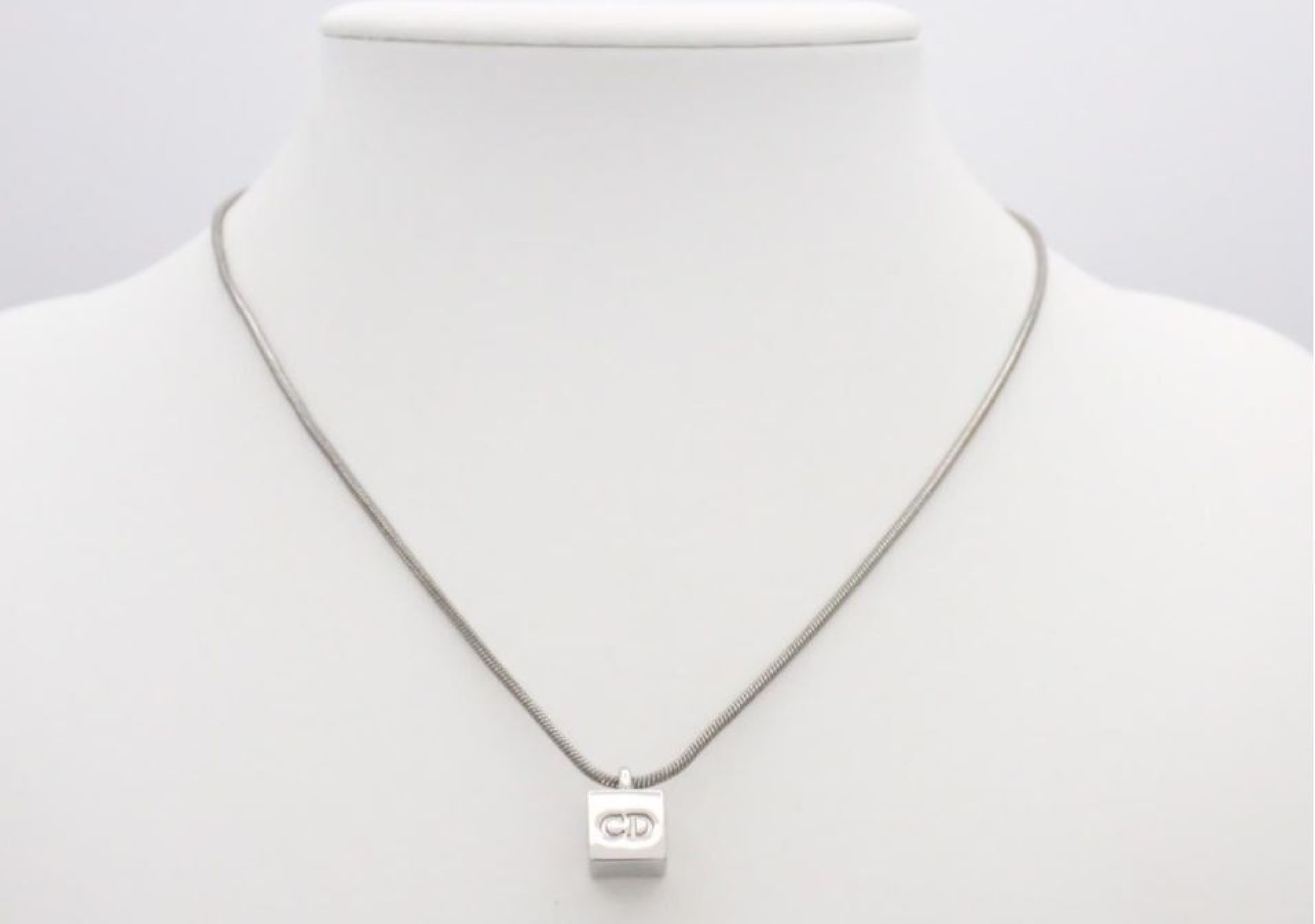 Vintage Polished Metal CD Monogram Cube Pendant Necklace