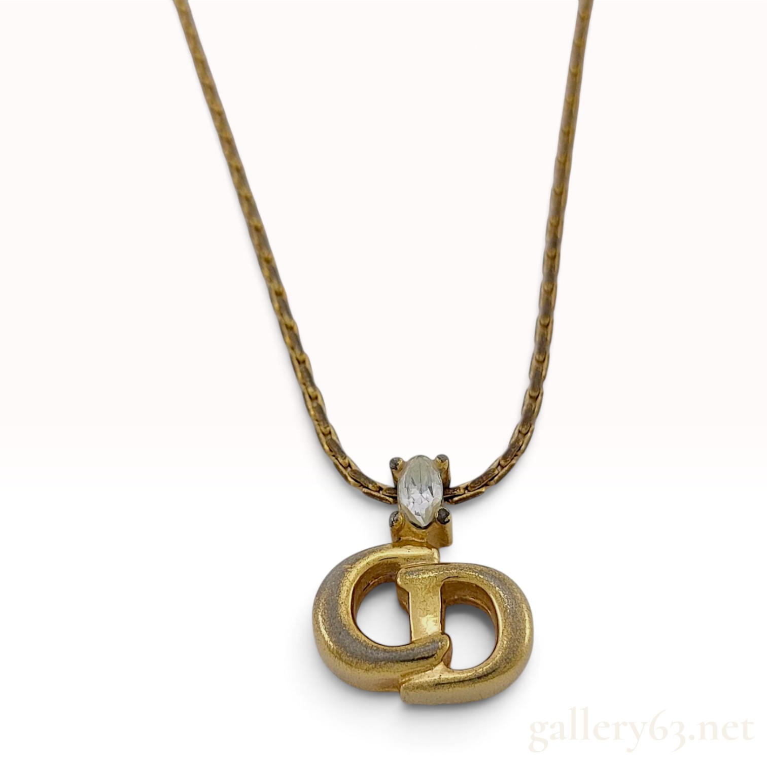 Vintage Christian Dior CD Logo Gold Plated Rhinestone Pendant Necklace