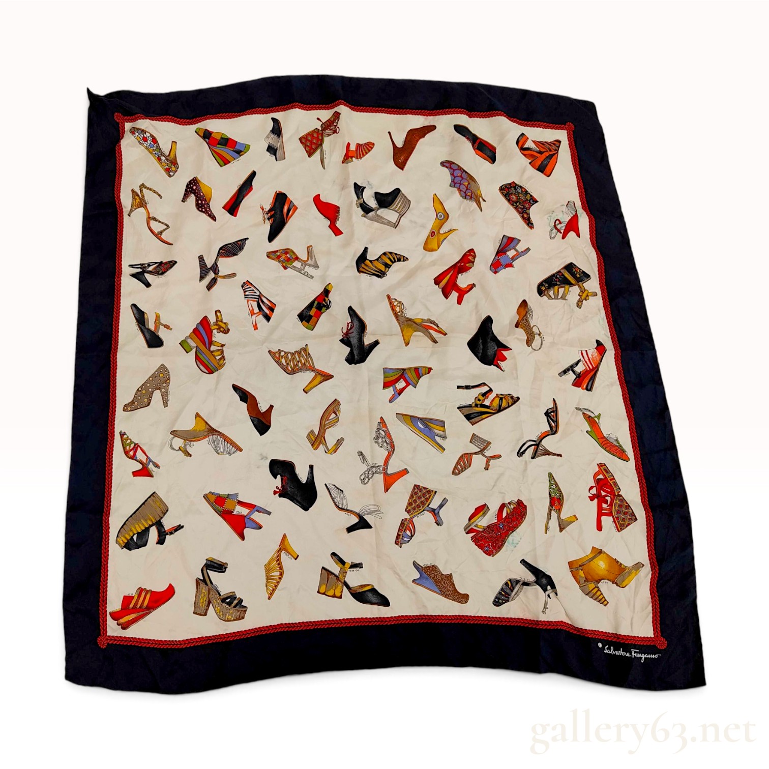 Vintage Salvatore Ferragamo Historical Shoe Print Navy and Cream Silk Carre 90