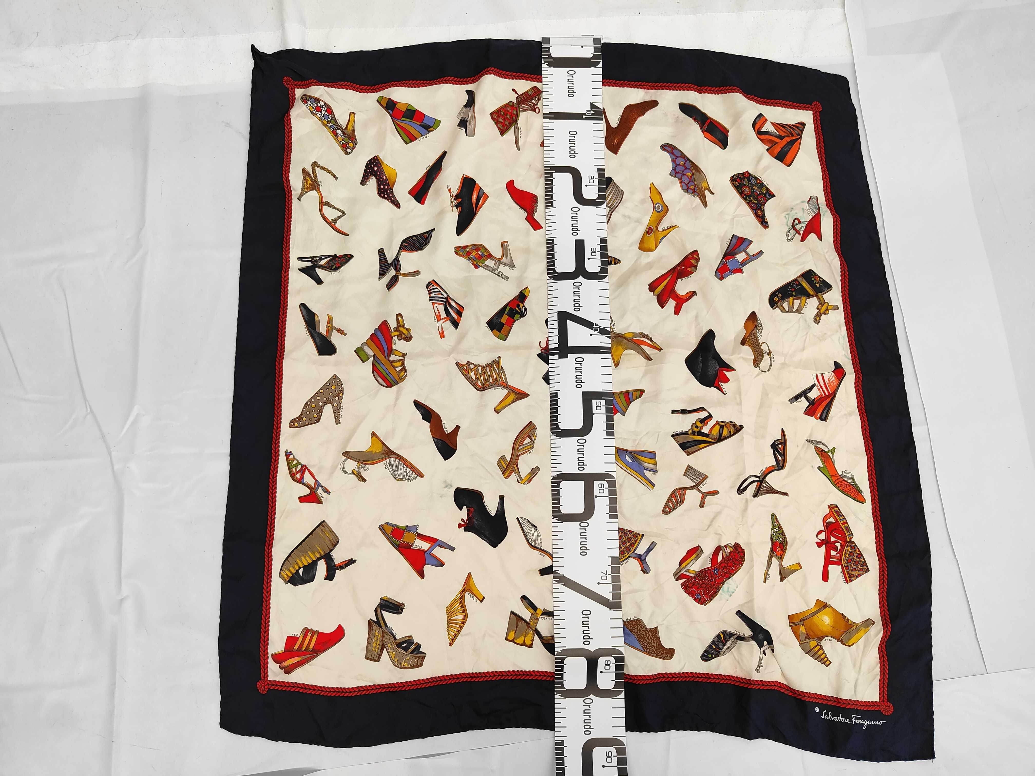 Vintage Salvatore Ferragamo Historical Shoe Print Navy and Cream Silk Carre 90
