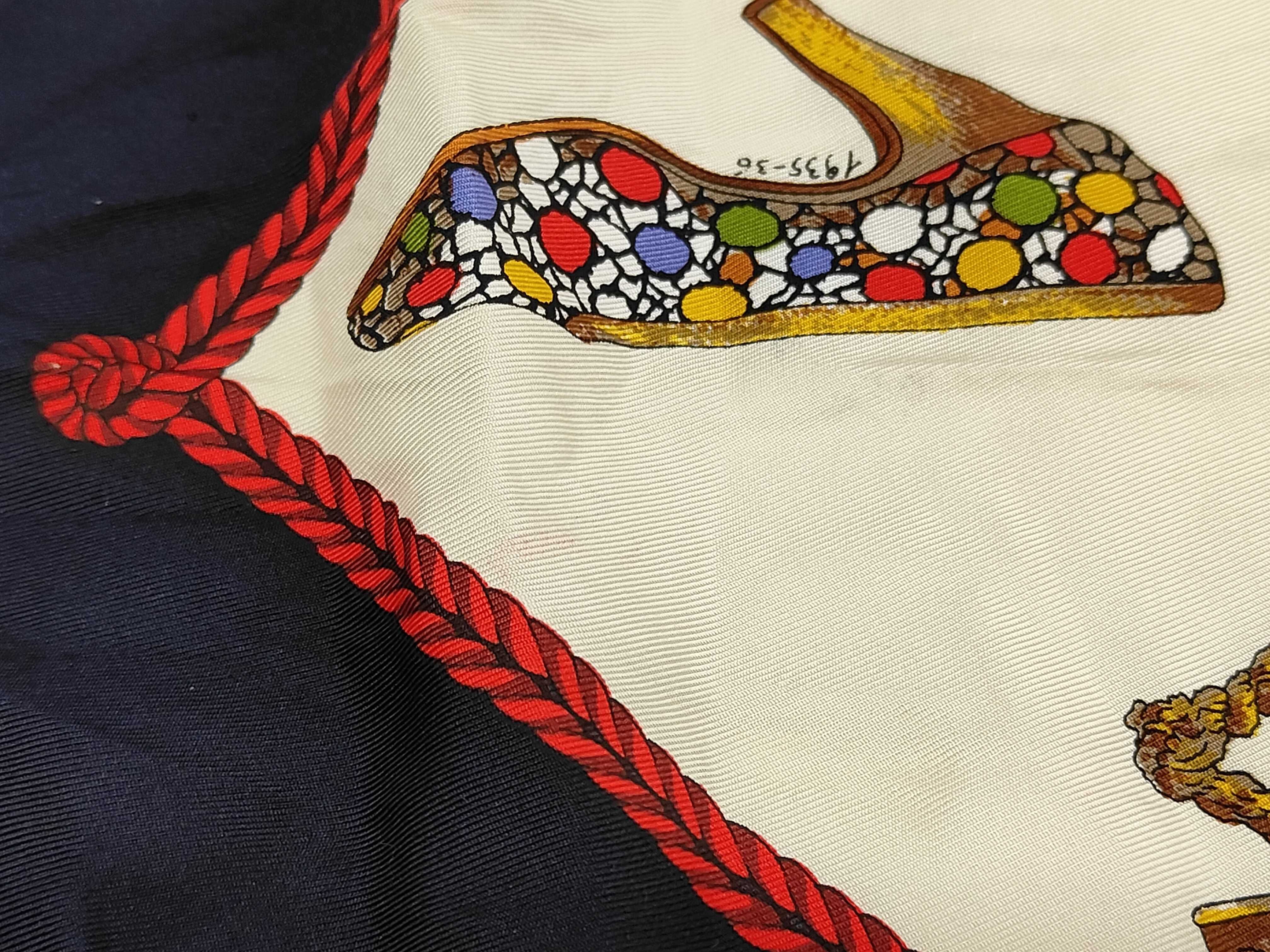 Vintage Salvatore Ferragamo Historical Shoe Print Navy and Cream Silk Carre 90