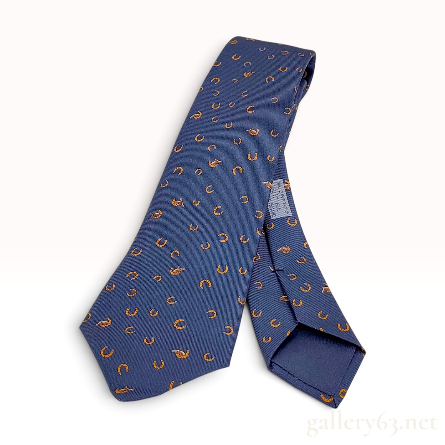 Hermes 6365 HA Navy Blue Horseshoe and Hound Motif Silk Tie