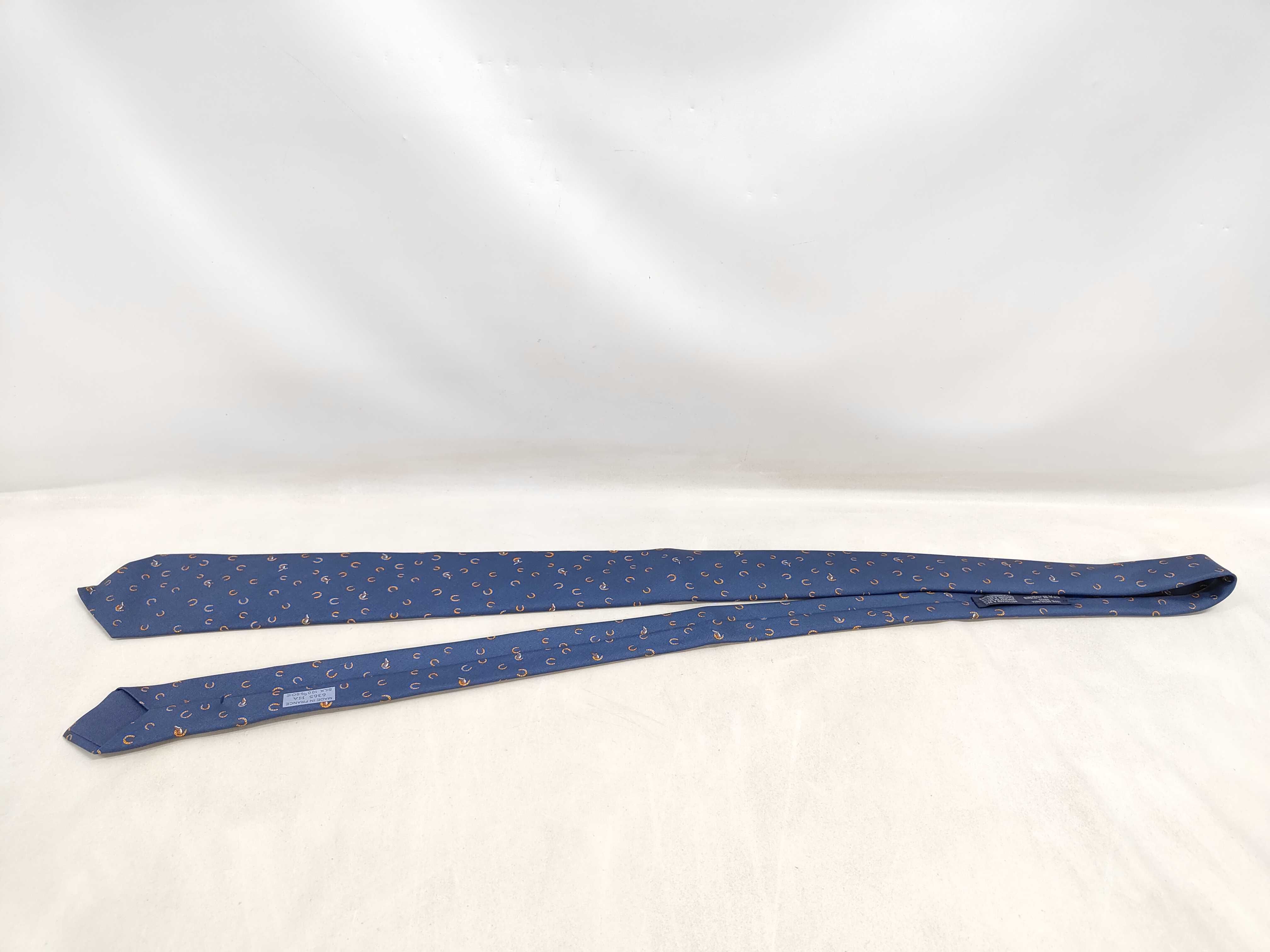 Hermes 6365 HA Navy Blue Horseshoe and Hound Motif Silk Tie