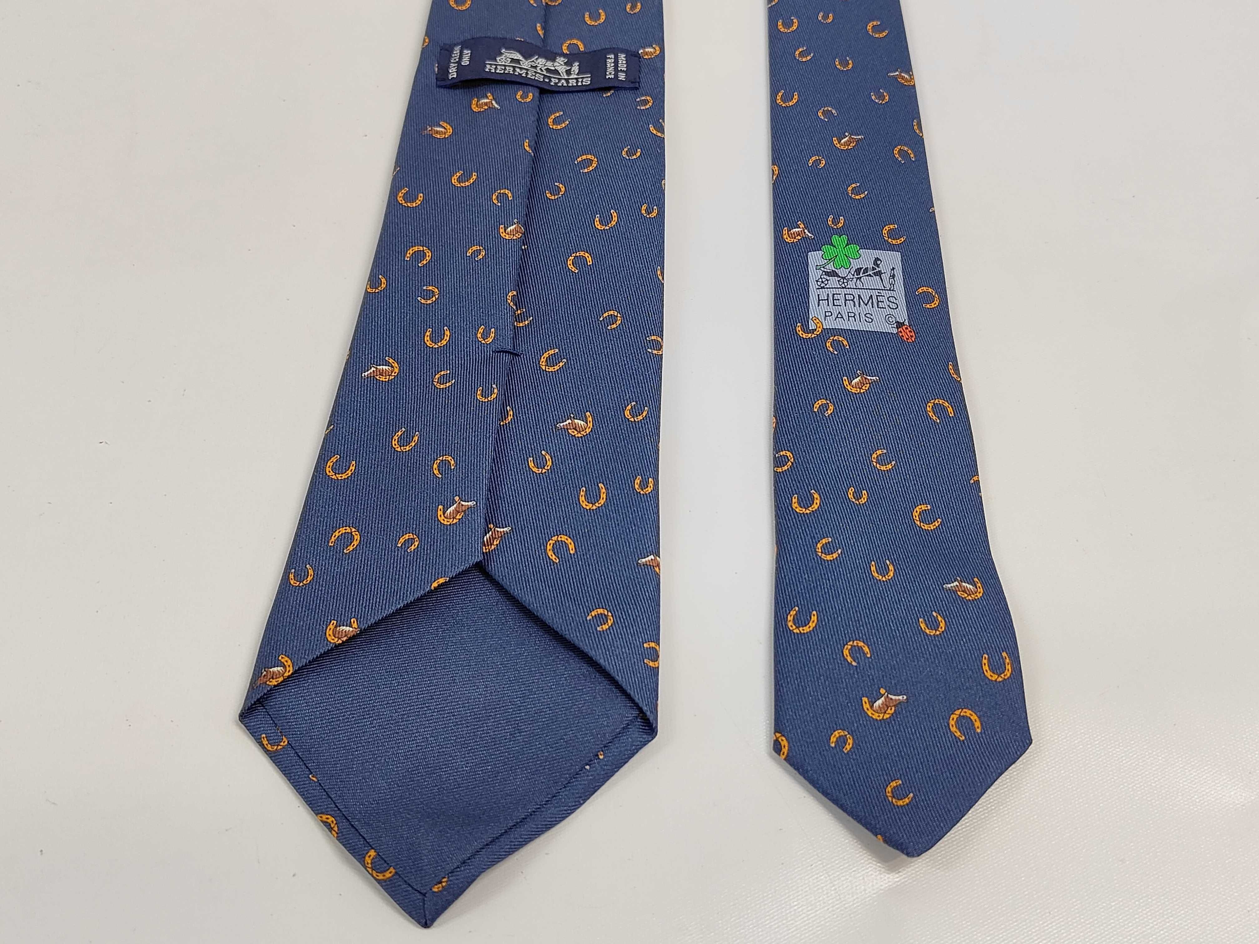 Hermes 6365 HA Navy Blue Horseshoe and Hound Motif Silk Tie