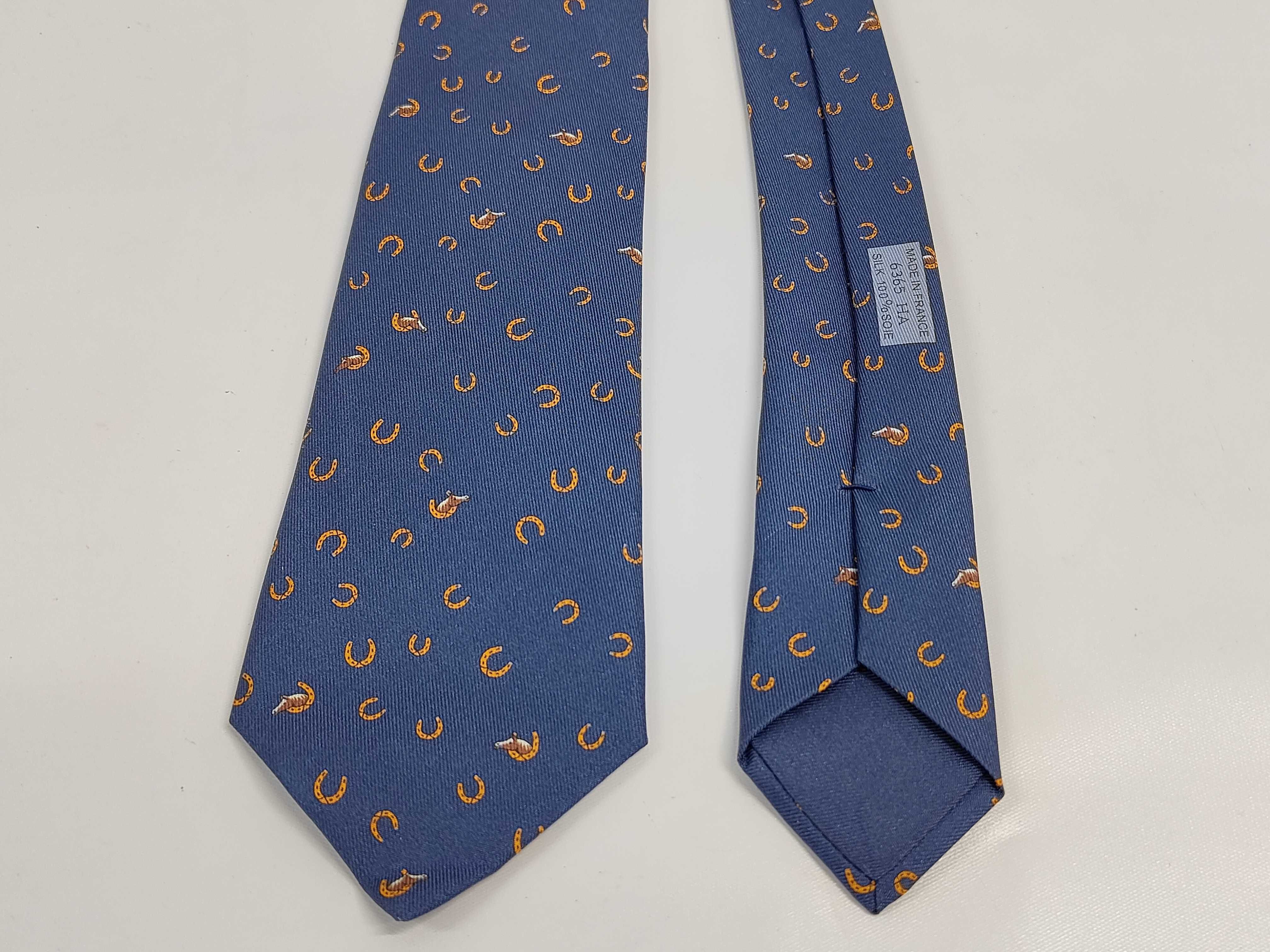 Hermes 6365 HA Navy Blue Horseshoe and Hound Motif Silk Tie