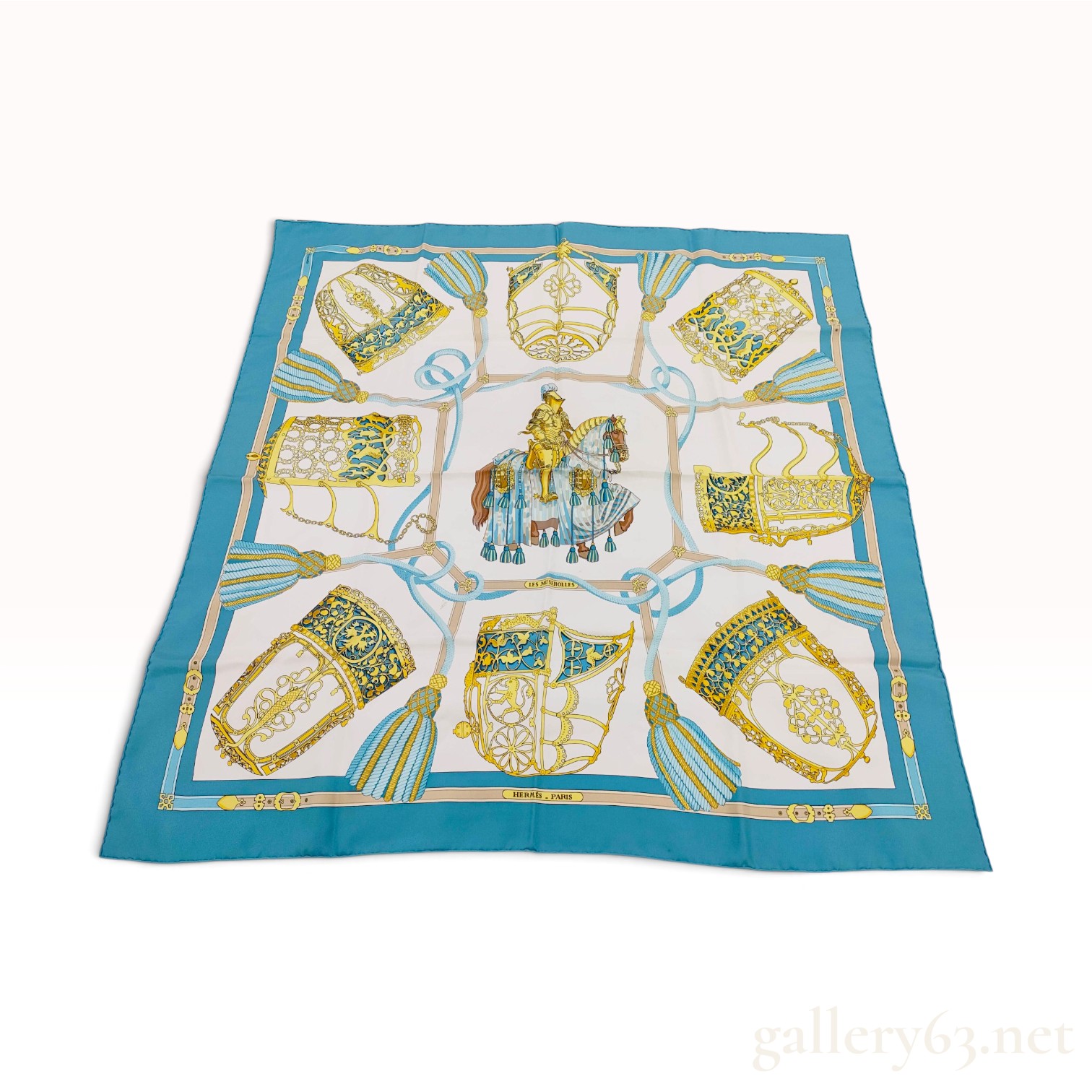 Vintage Hermes Les Museirolles Teal Blue Silk Carre 90