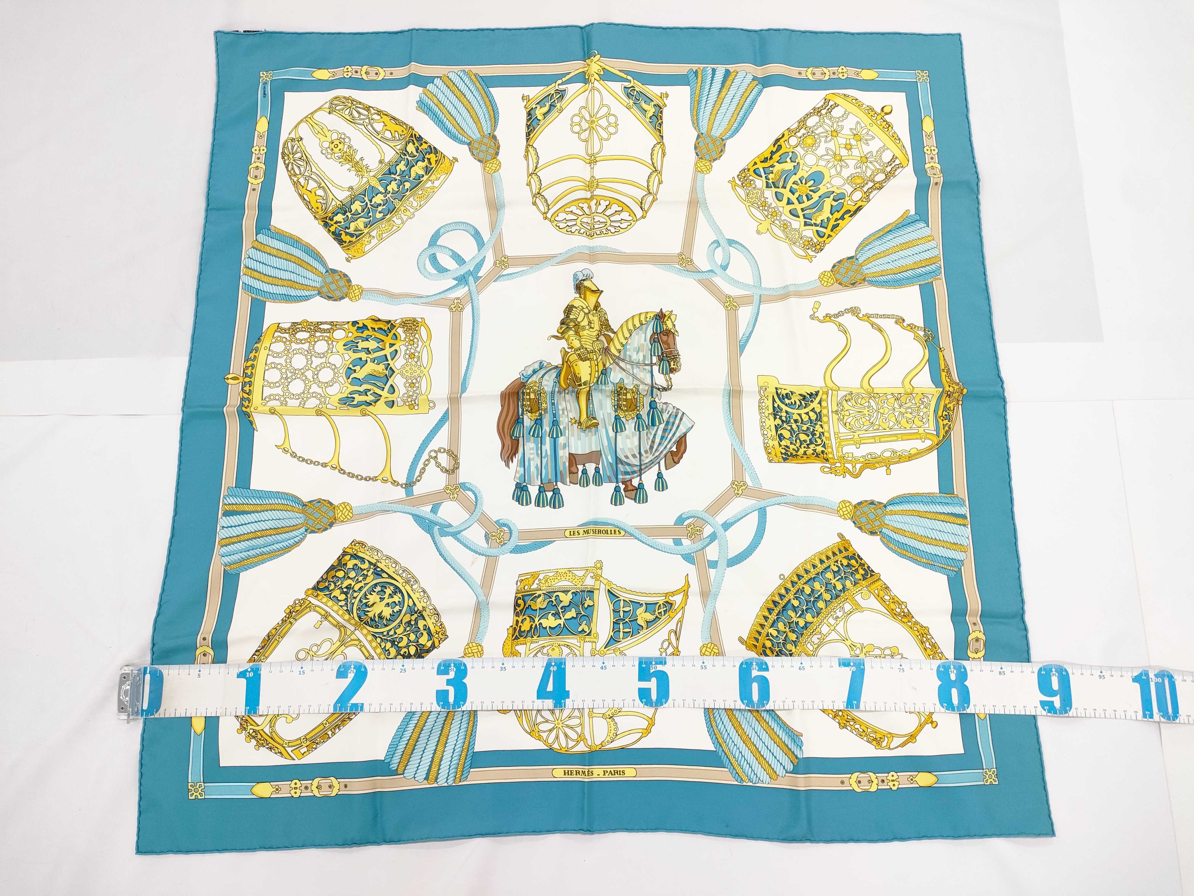 Vintage Hermes Les Museirolles Teal Blue Silk Carre 90