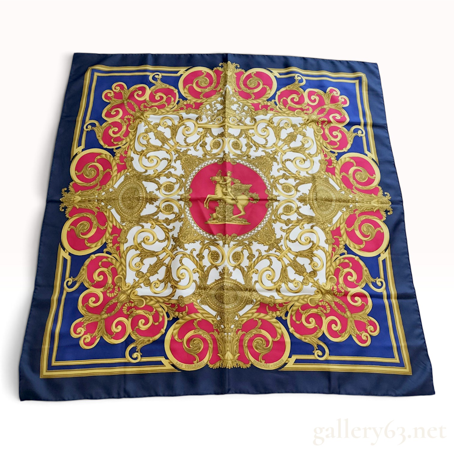 Vintage Hermes Les Tuileries Navy and Magenta Silk Carre 90