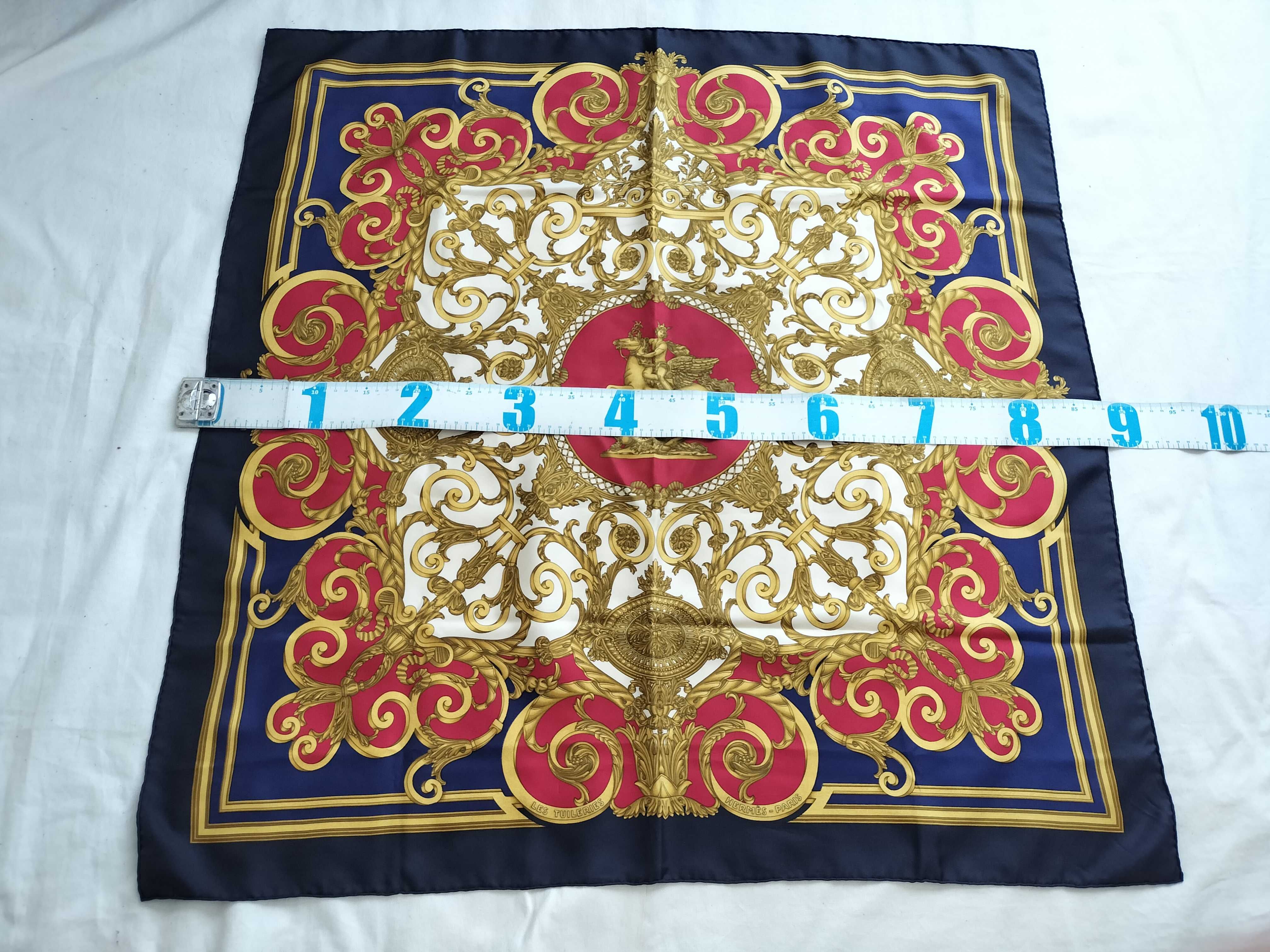 Vintage Hermes Les Tuileries Navy and Magenta Silk Carre 90