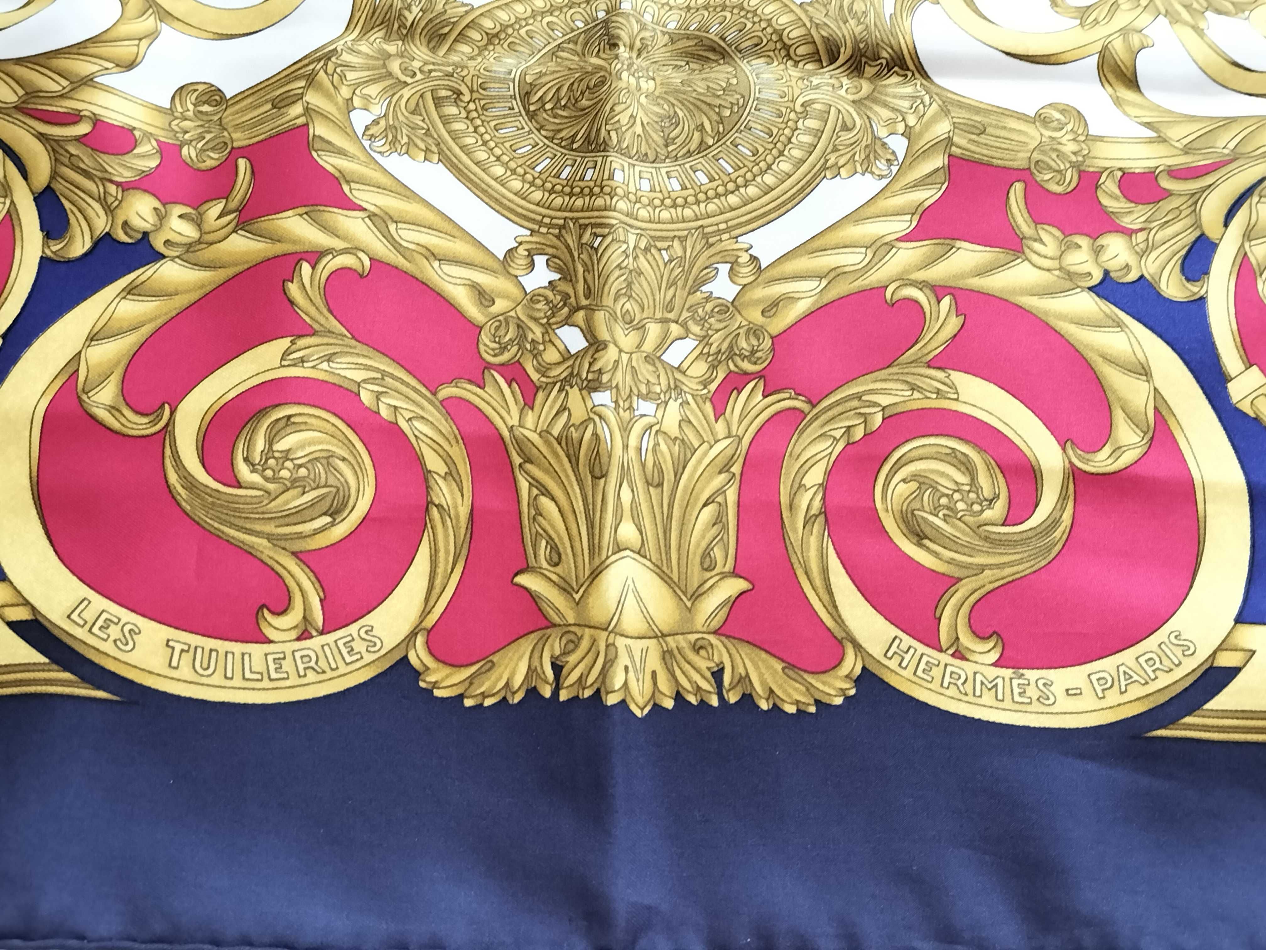 Vintage Hermes Les Tuileries Navy and Magenta Silk Carre 90
