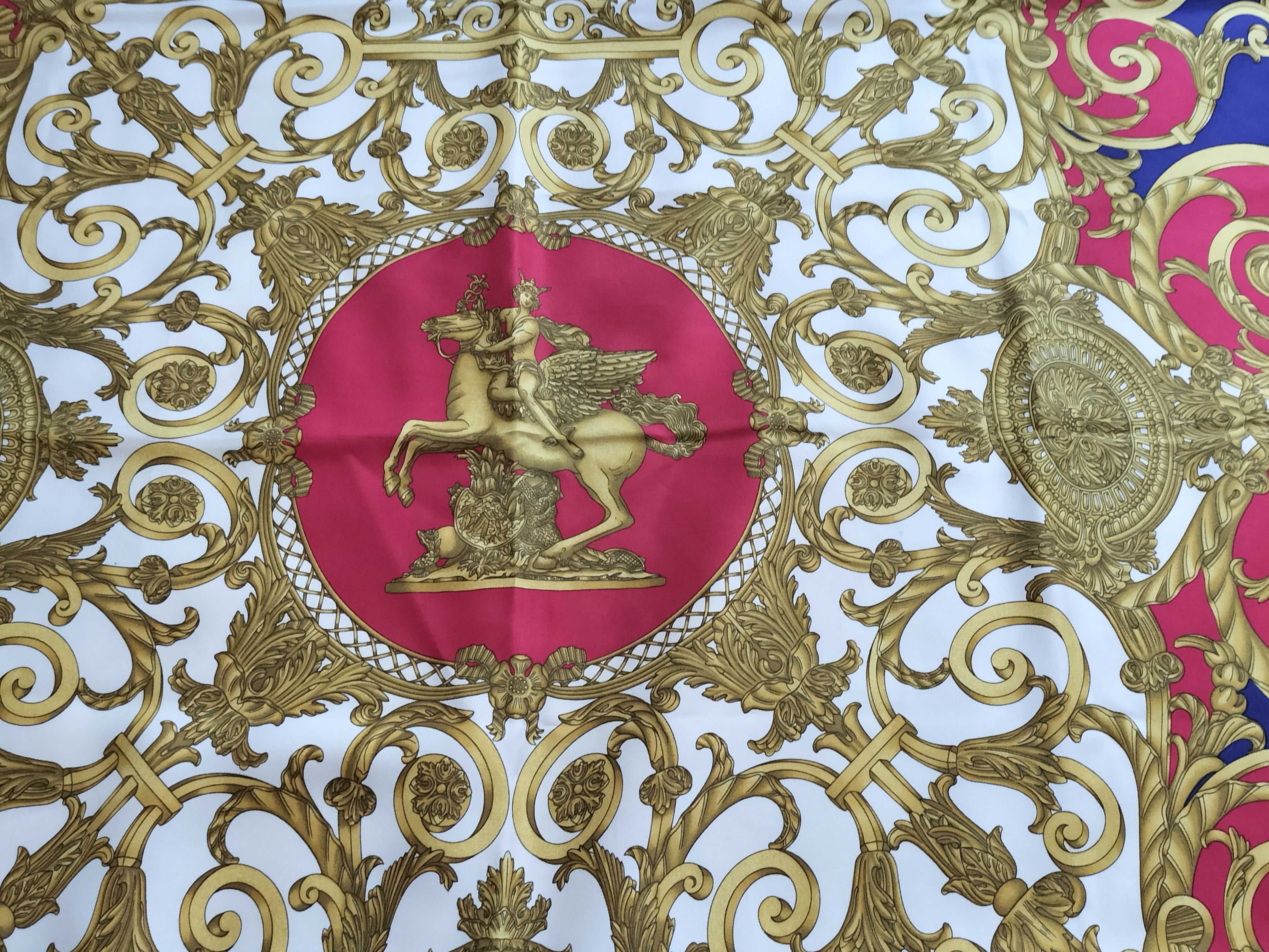 Vintage Hermes Les Tuileries Navy and Magenta Silk Carre 90