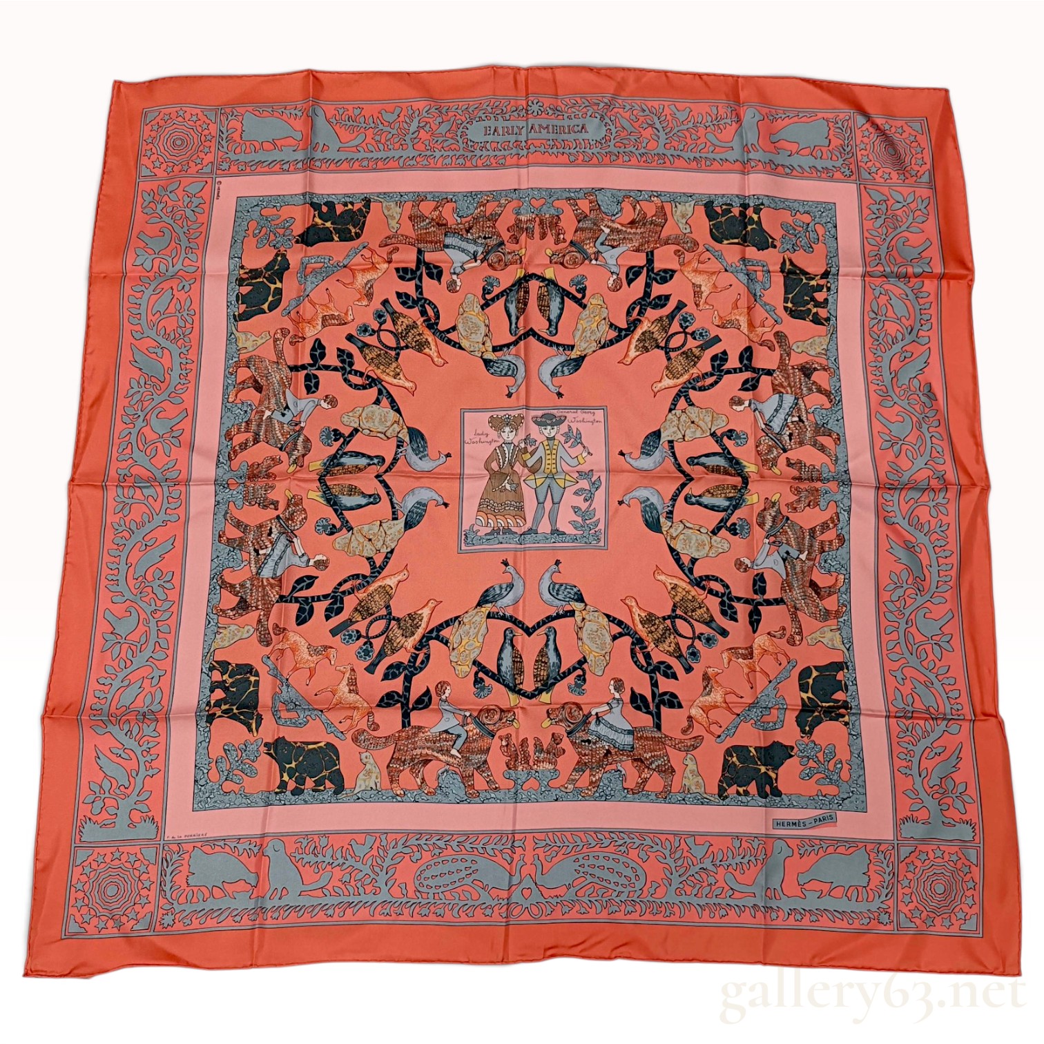 A Vintage Hermes Early America Salmon Silk Carre 90 NWT