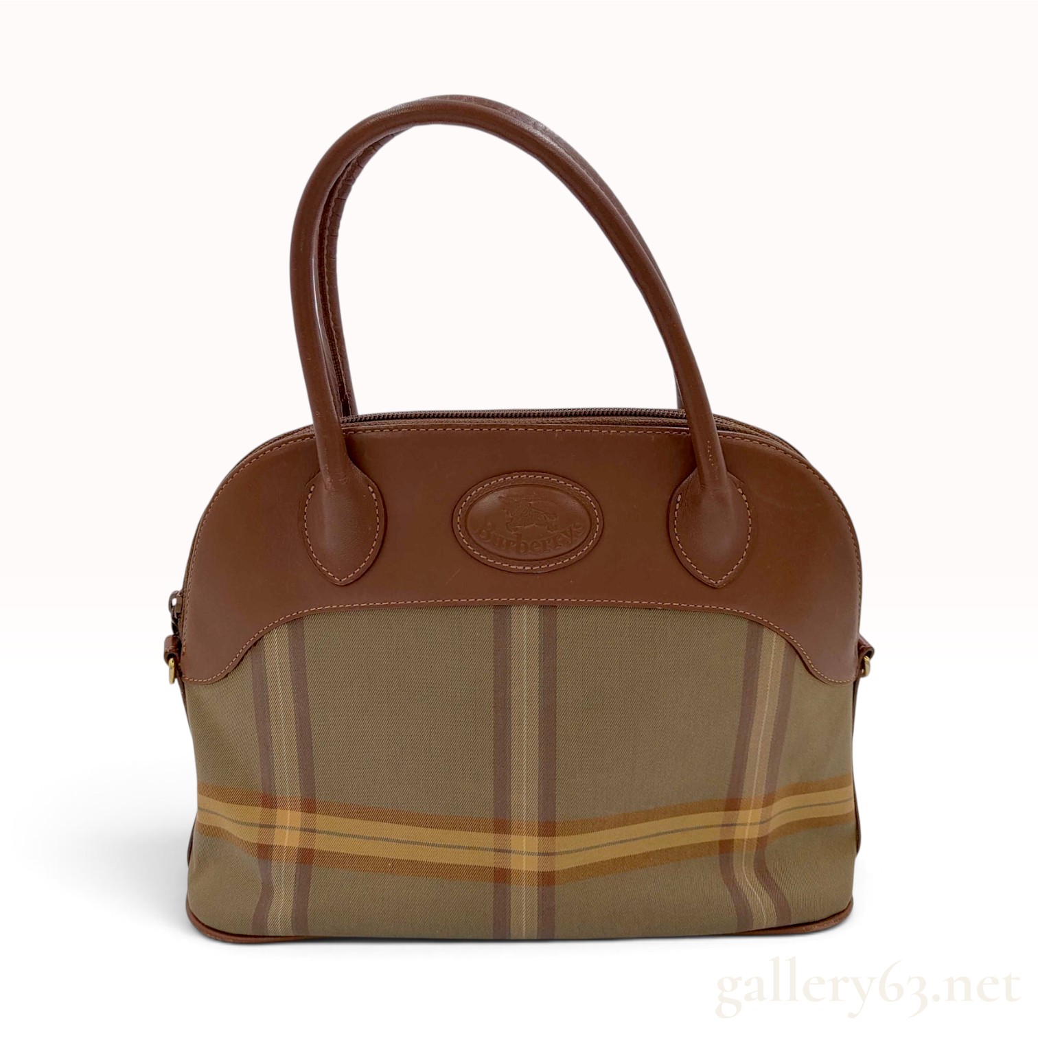Vintage Burberrys Shadow Check Canvas and Brown Leather Domed Satchel