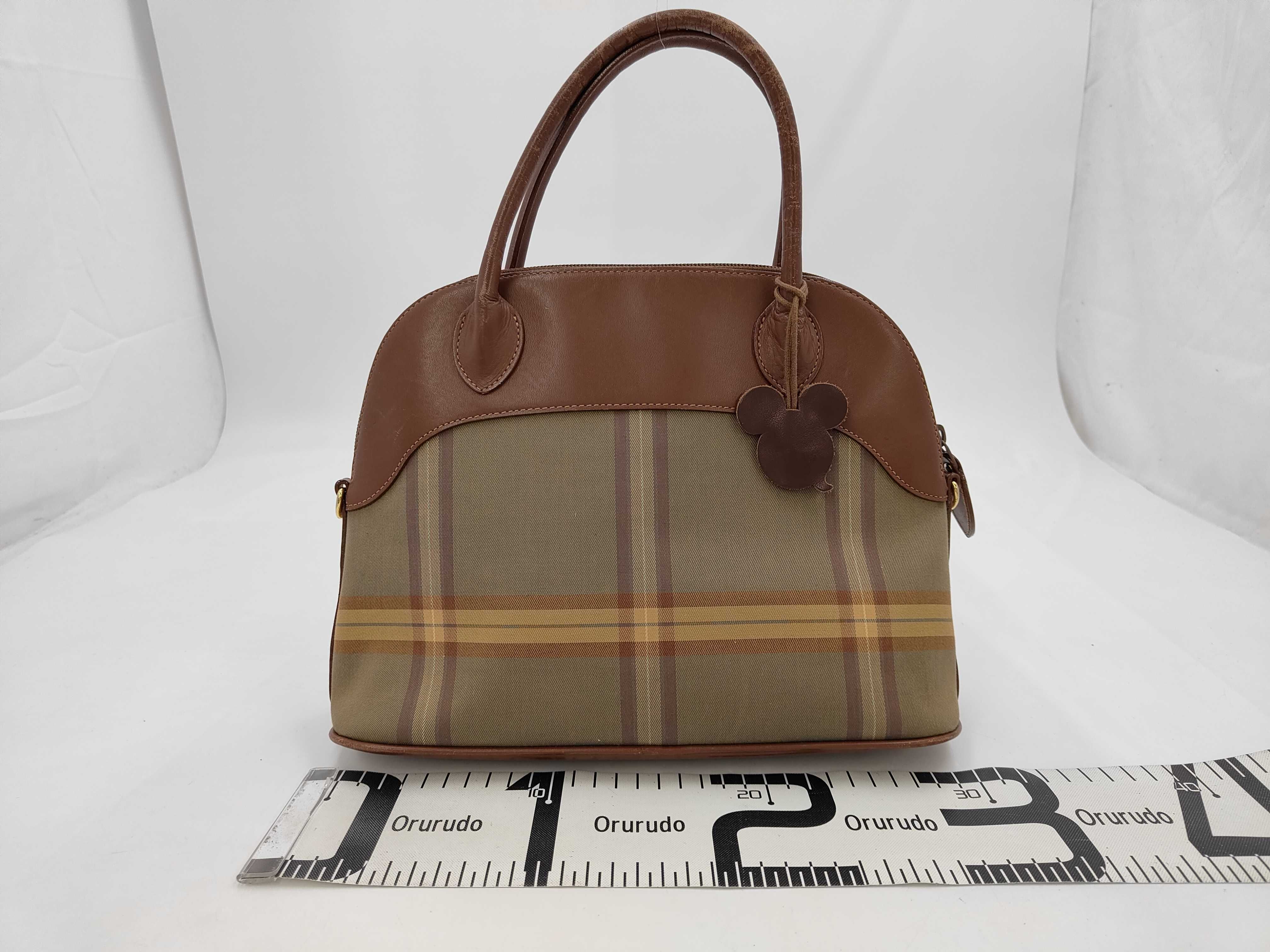 Vintage Burberrys Shadow Check Canvas and Brown Leather Domed Satchel