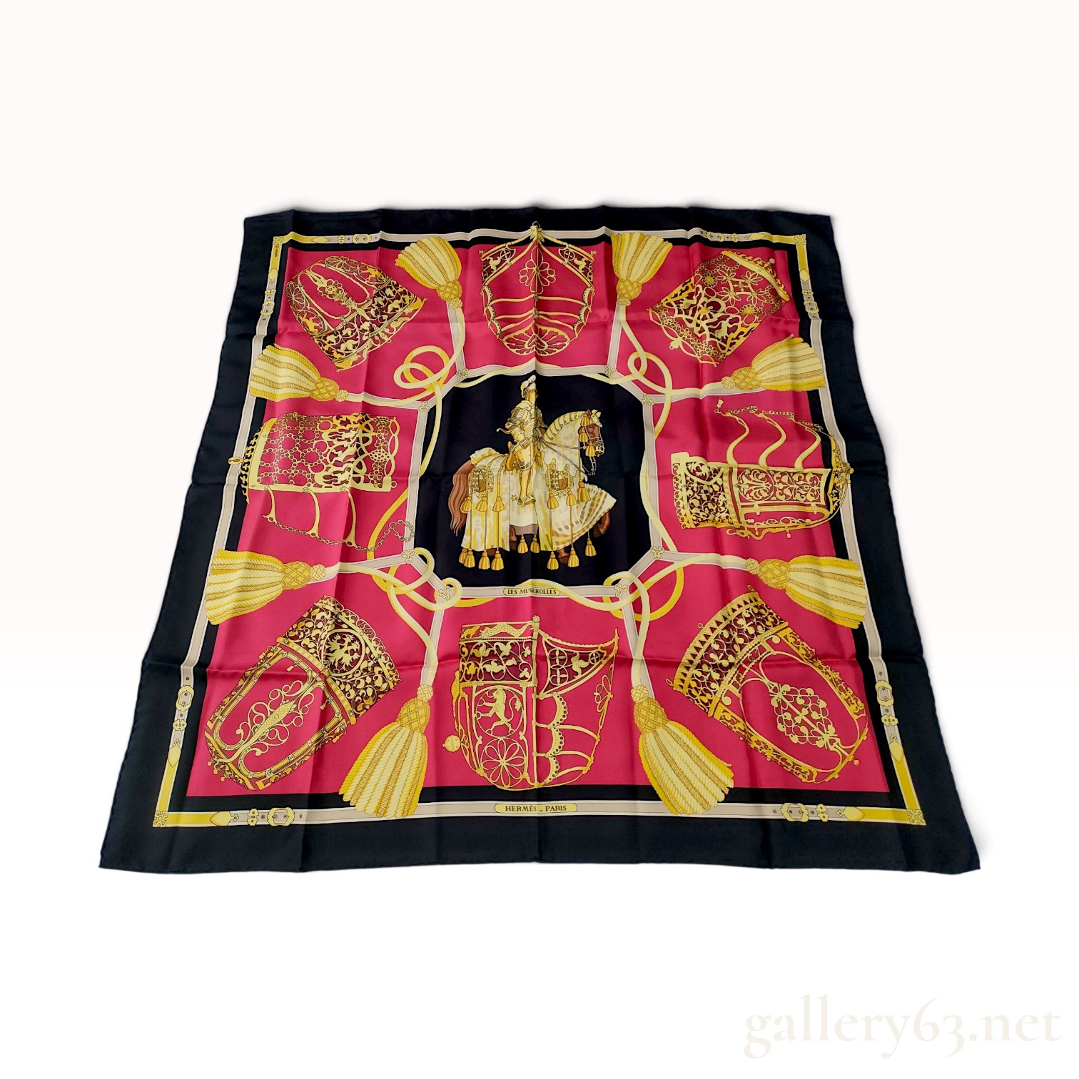 Vintage Hermes Les Muserolles Red and Black Silk Carre 90